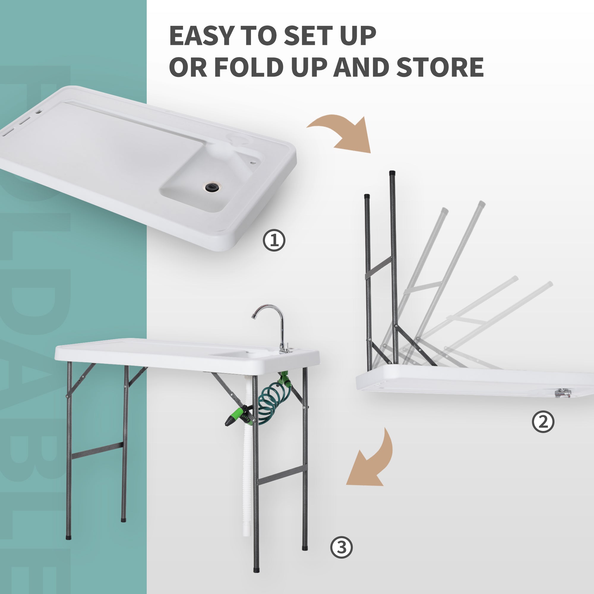 Folding Table Fish Table Cleaning Wash Table with Sink, Faucet and Spray Cleaner for BBQ Camping Picnic Garden 45
