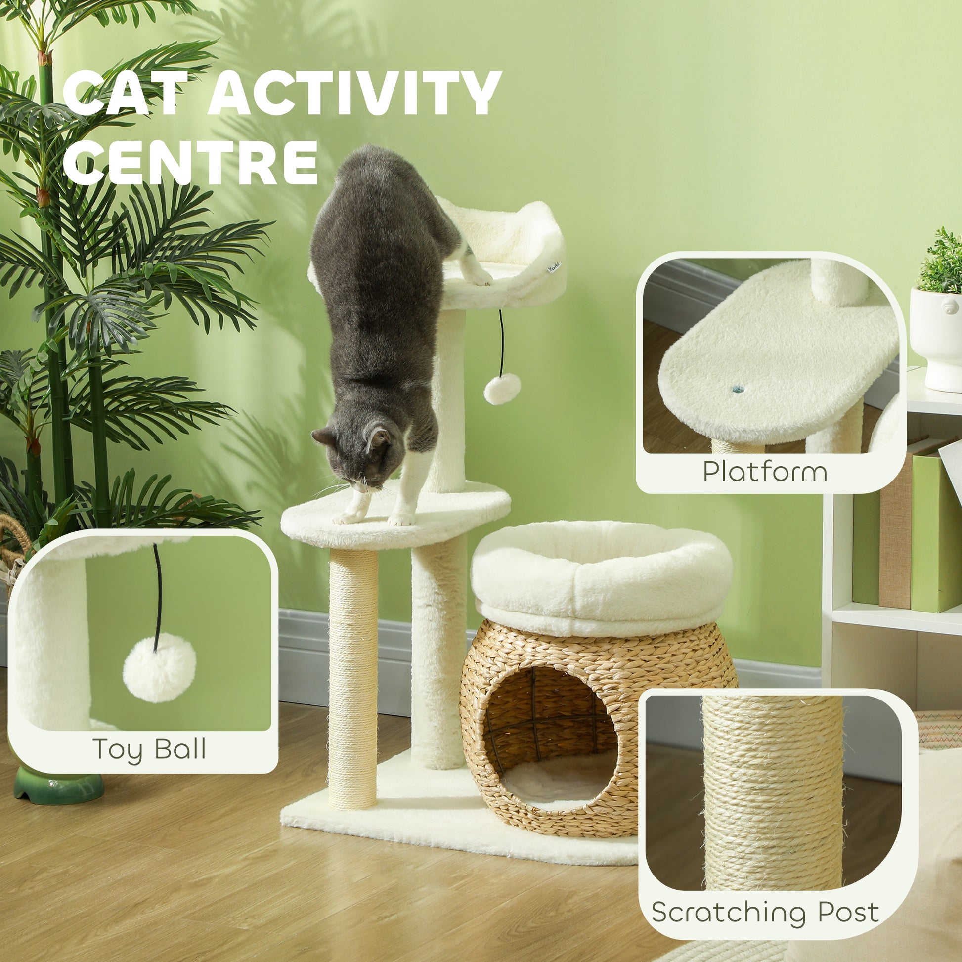 31" Cat Tree Tower with Scratching Posts, Cat Condo, Beds, Platform, Toy Ball, for Indoor Cats, Cream White Cat Towers   at Gallery Canada