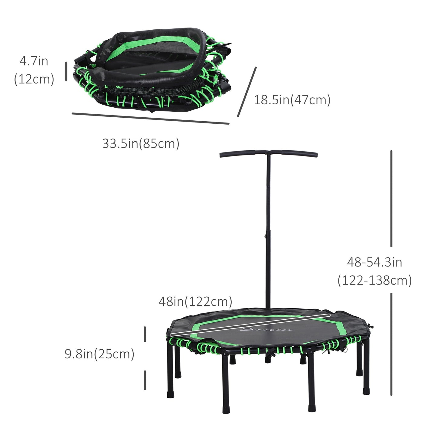 48" Mini Trampoline, Foldable Trampoline with Adjustable Handle Bar for Adults Exercise, Workout, Fitness, Green - Gallery Canada