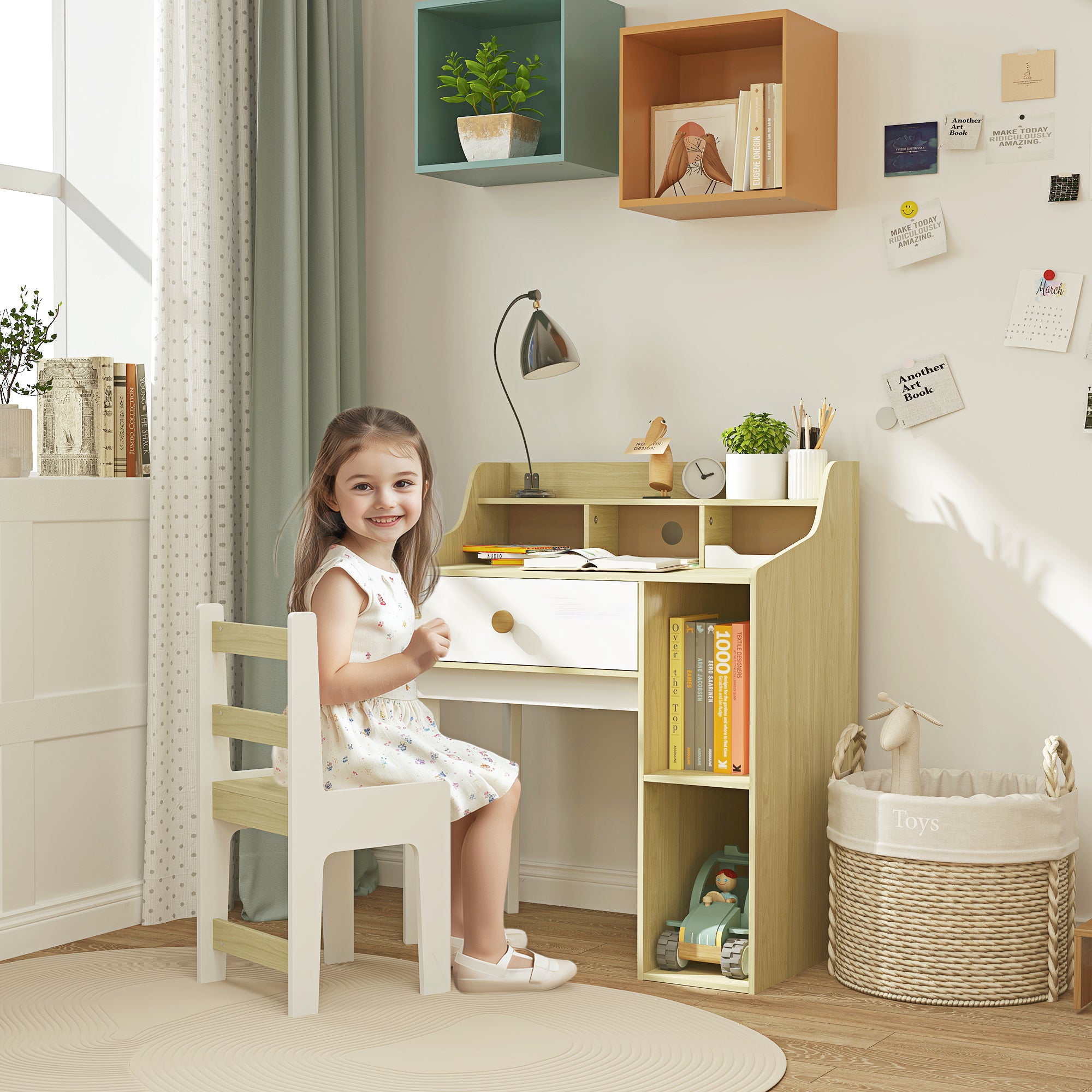 Kids Desk and Chair Set with Storage Shelves, Drawer, for 3-10 Years, White Kids Desk Sets at Gallery Canada