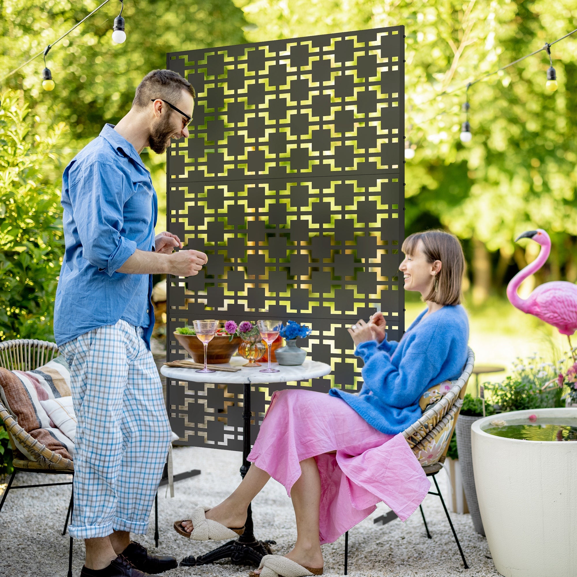 6.5FT Decorative Outdoor Divider, Metal Privacy Screen with Stand, Grid Style, Black Side Awnings at Gallery Canada