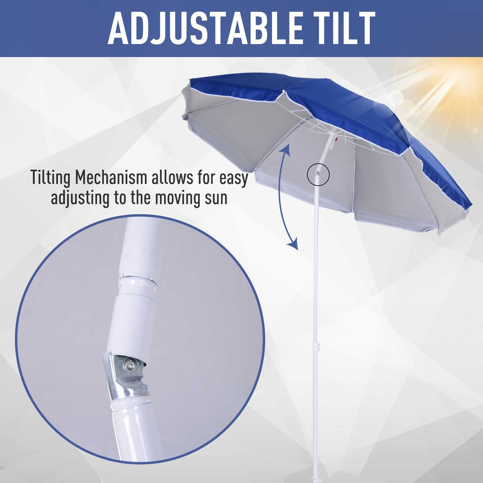 6.7ft Beach Umbrella with Push Button Tilt, Ruffled Outdoor Umbrella with Carry Bag and 8 Ribs, Blue Beach Umbrellas at Gallery Canada