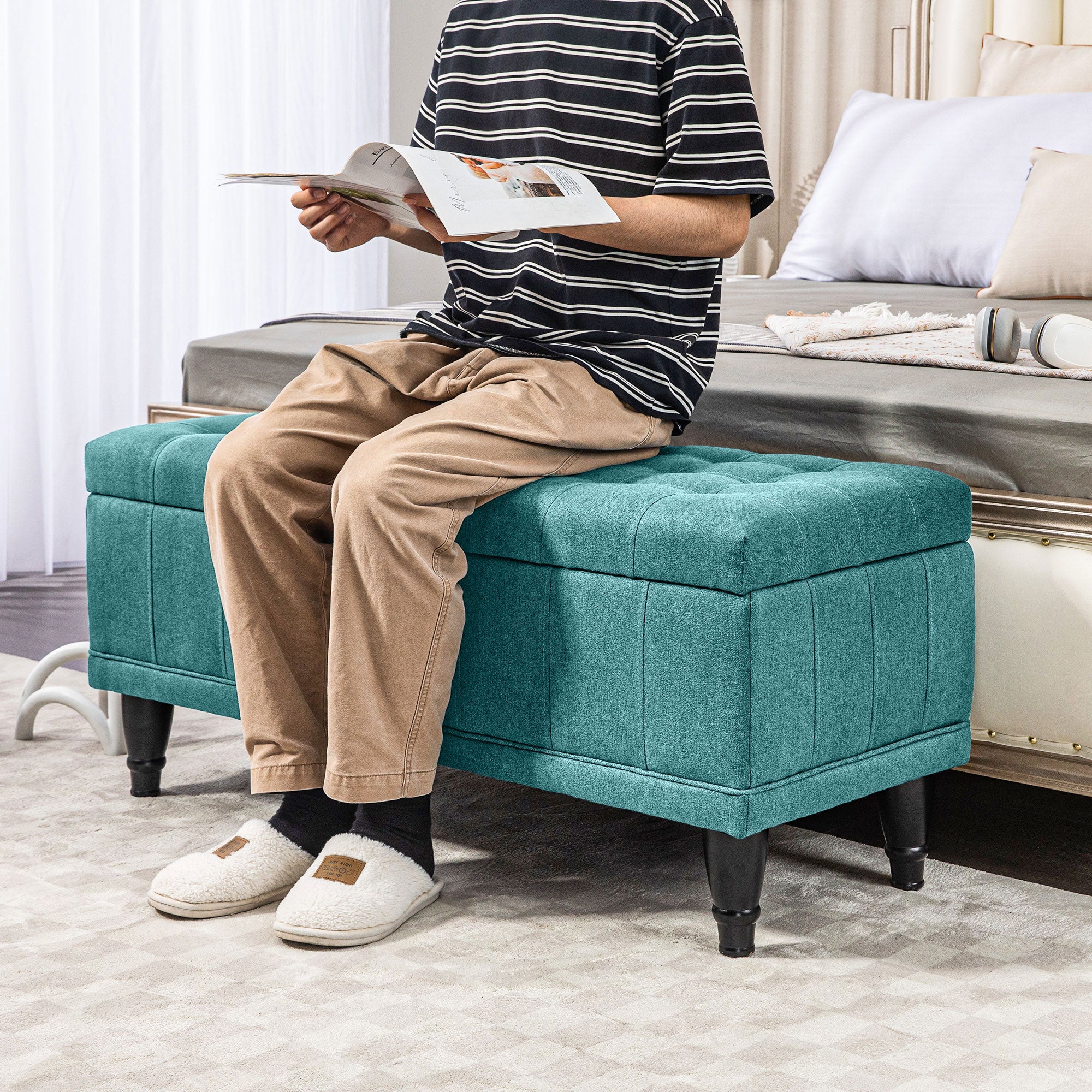 Storage Ottoman, Linen Fabric End of Bed Bench with Button Tufted Storage Bench for Bedroom, Green Storage Ottomans & Benches at Gallery Canada