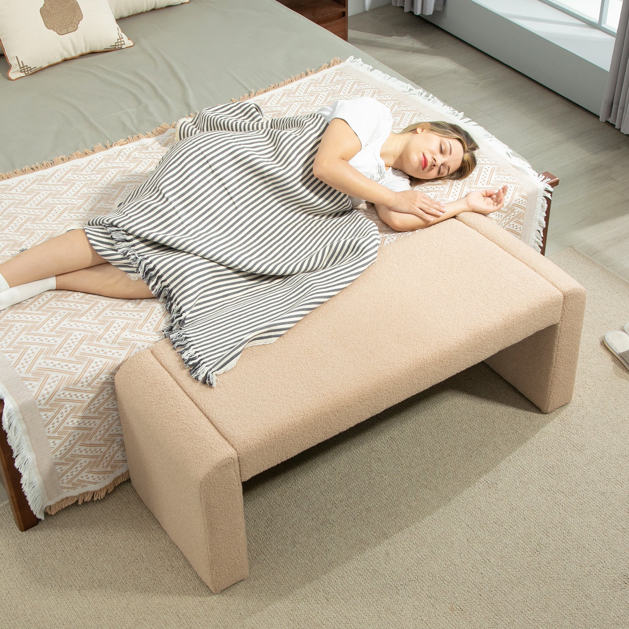 Upholstered Bedroom Bench, Boucle End of Bed Bench, Modern U-Shaped Entryway Bench, 47 x 18 x 18 Inches, Light Brown Storage Ottomans & Benches at Gallery Canada