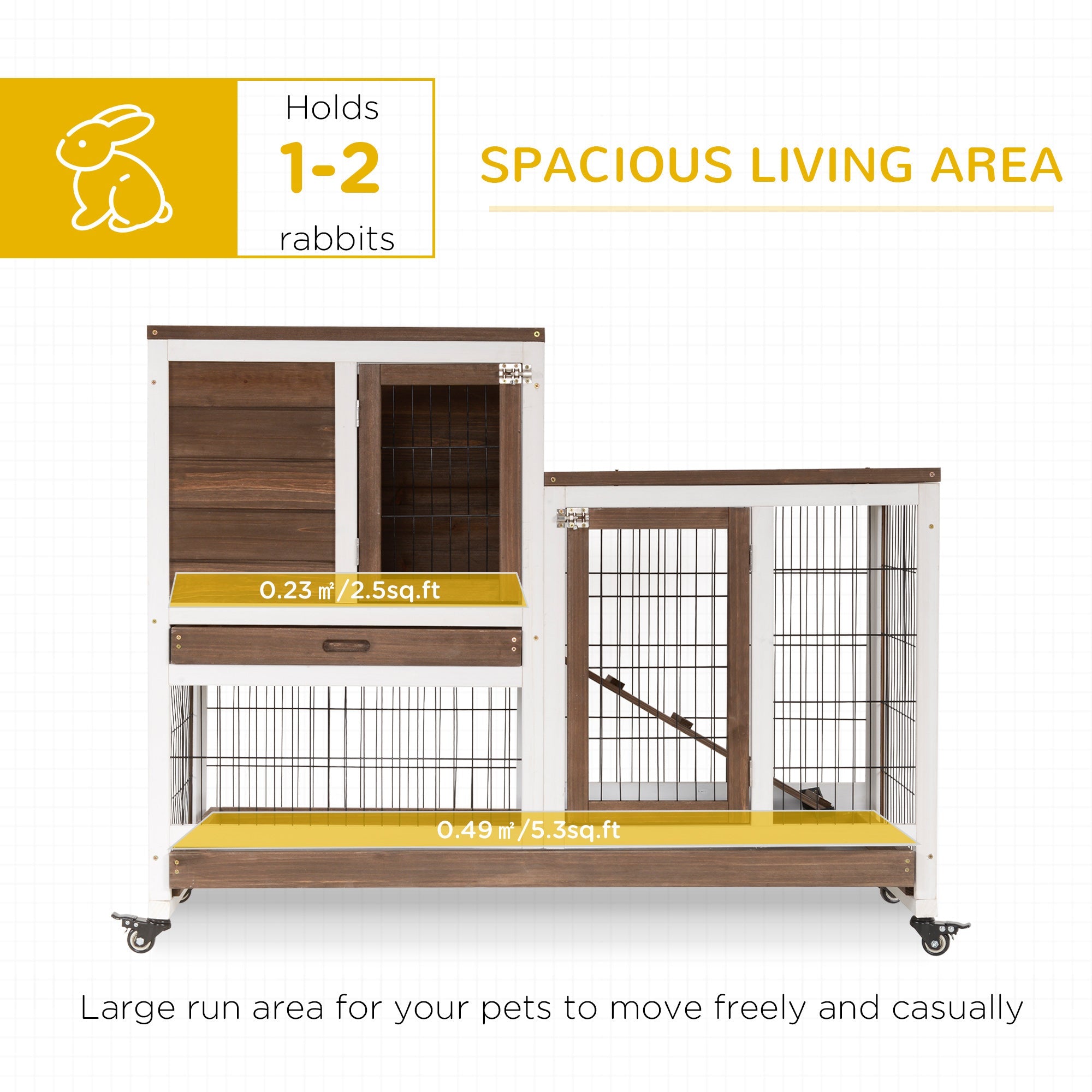 Rabbit Hutch Indoor Bunny Cage Guinea Pig House on Wheels with Run, Pull Out Trays, Brown and White Rabbit Hutch   at Gallery Canada