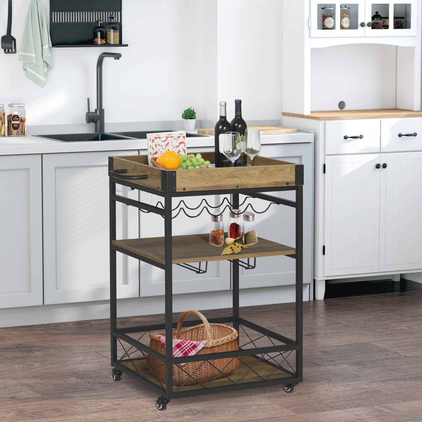 Retro Industrial Bar Serving Cart Rolling Kitchen Island Storage Utility Trolley with 5-bottle Wine Rack &; Serving Tray Kitchen Islands & Kitchen Carts   at Gallery Canada