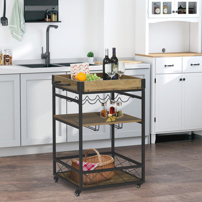 Retro Industrial Bar Serving Cart Rolling Kitchen Island Storage Utility Trolley with 5-bottle Wine Rack &; Serving Tray - Gallery Canada