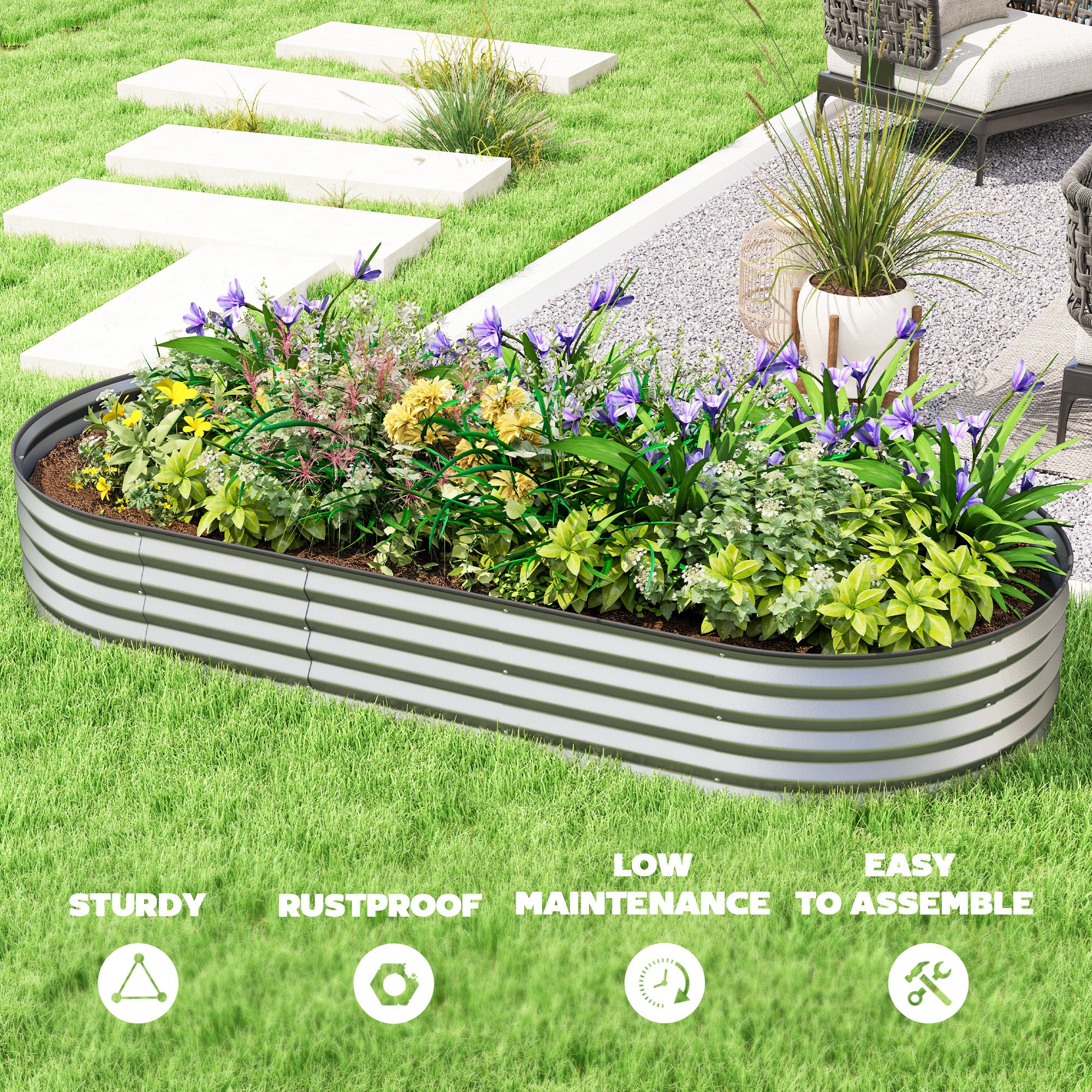 7' x 3' x 1' Large Outdoor Planter Box, Galvanized Raised Garden Bed with Metal Plant Stake, Silver Raised Garden Beds at Gallery Canada