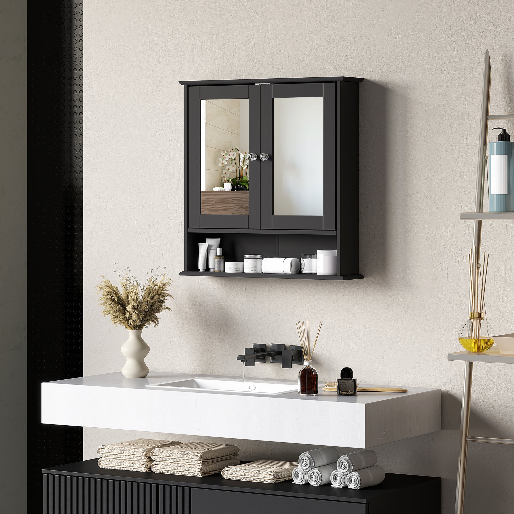 Medicine Cabinet, Wall-Mounted Bathroom Mirror Cabinet with Double Doors, Open Shelf, and Adjustable Shelf, Modern Bathroom Wall Cabinet, Black Mirror Medicine Cabinets at Gallery Canada