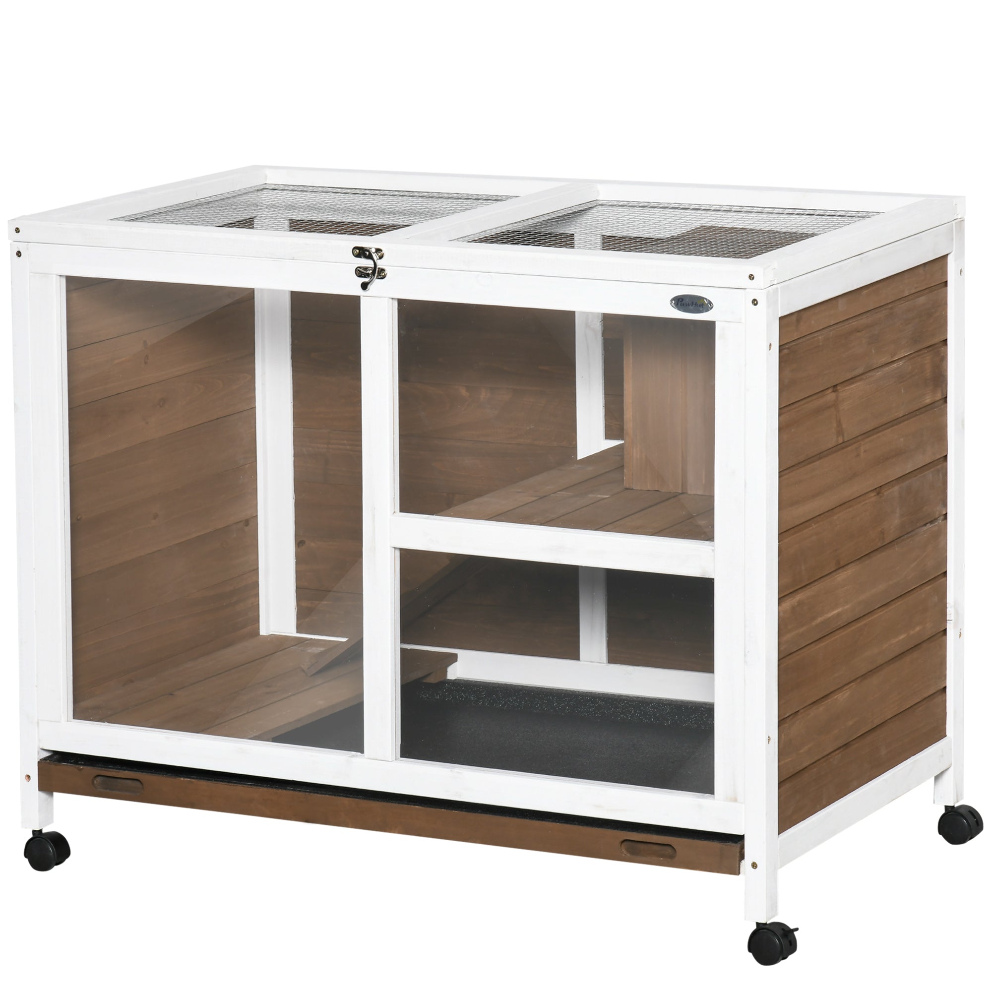 Indoor Rabbit Hutch with Wheels, Bunny Cage Guinea Pig House W/ Top Access, Ramp, Pull Out Tray, Brown Rabbit Hutch at Gallery Canada