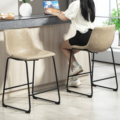 Counter Height Bar Stools Set of 2, Vintage PU Leather Bar Chairs, Kitchen Stool with Footrest, Beige Bar Stools at Gallery Canada