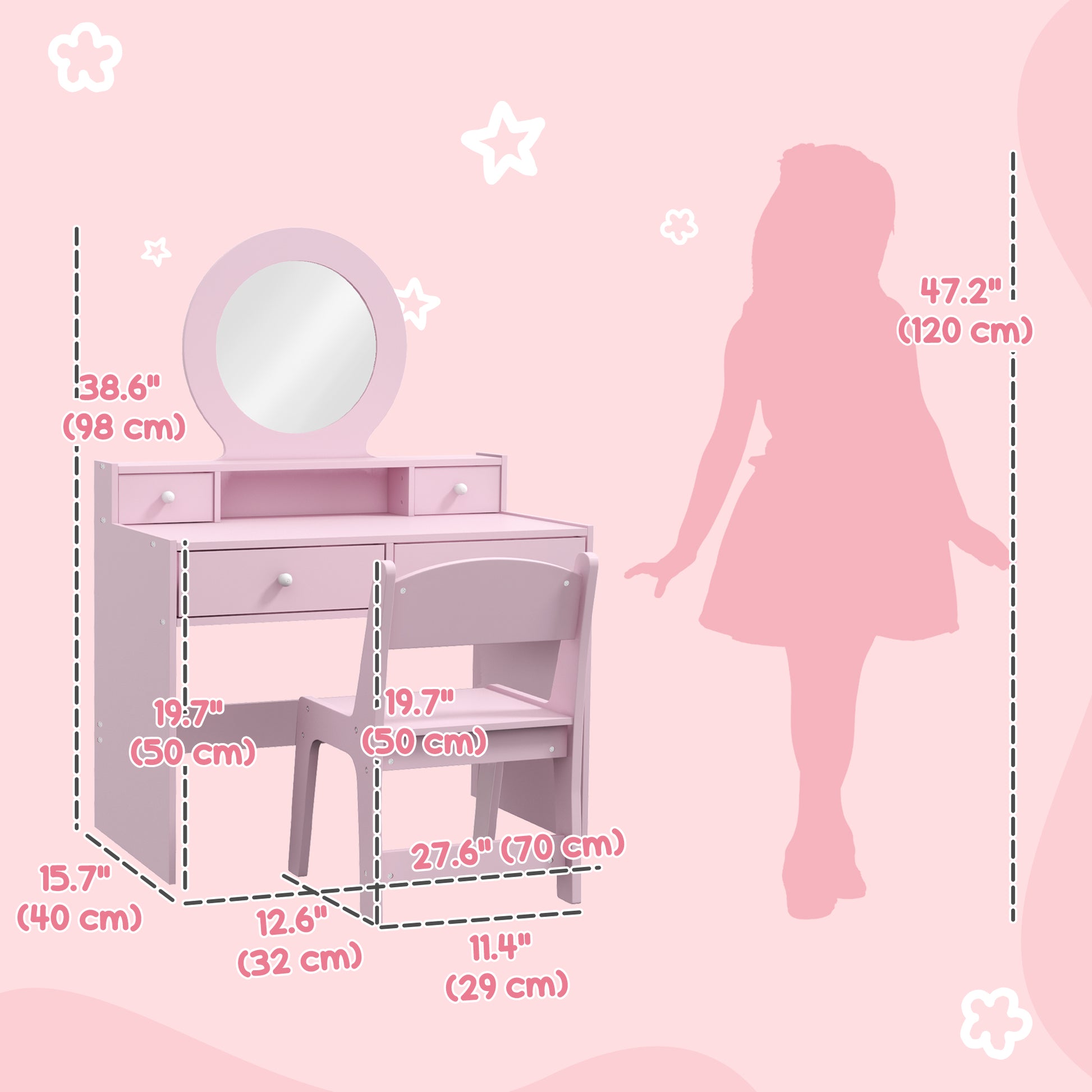 Kids Vanity Set, Children Makeup Table with Mirror, Stool and Storage Drawers, for Ages 3-8, Pink Toy Vanity Pink  at Gallery Canada