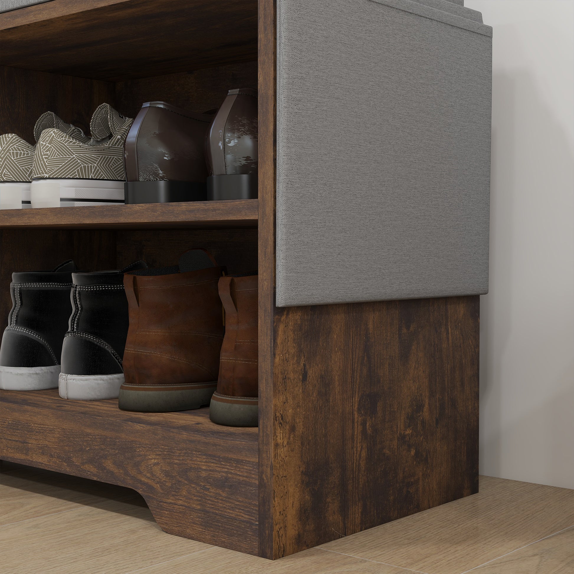 Upholstered Shoe Storage Bench w/ Seat, Entrance Bench w/ Drawer Open Shelves and Pocket for Hallway, Rustic Brown Shoe Storage Cabinets & Racks   at Gallery Canada