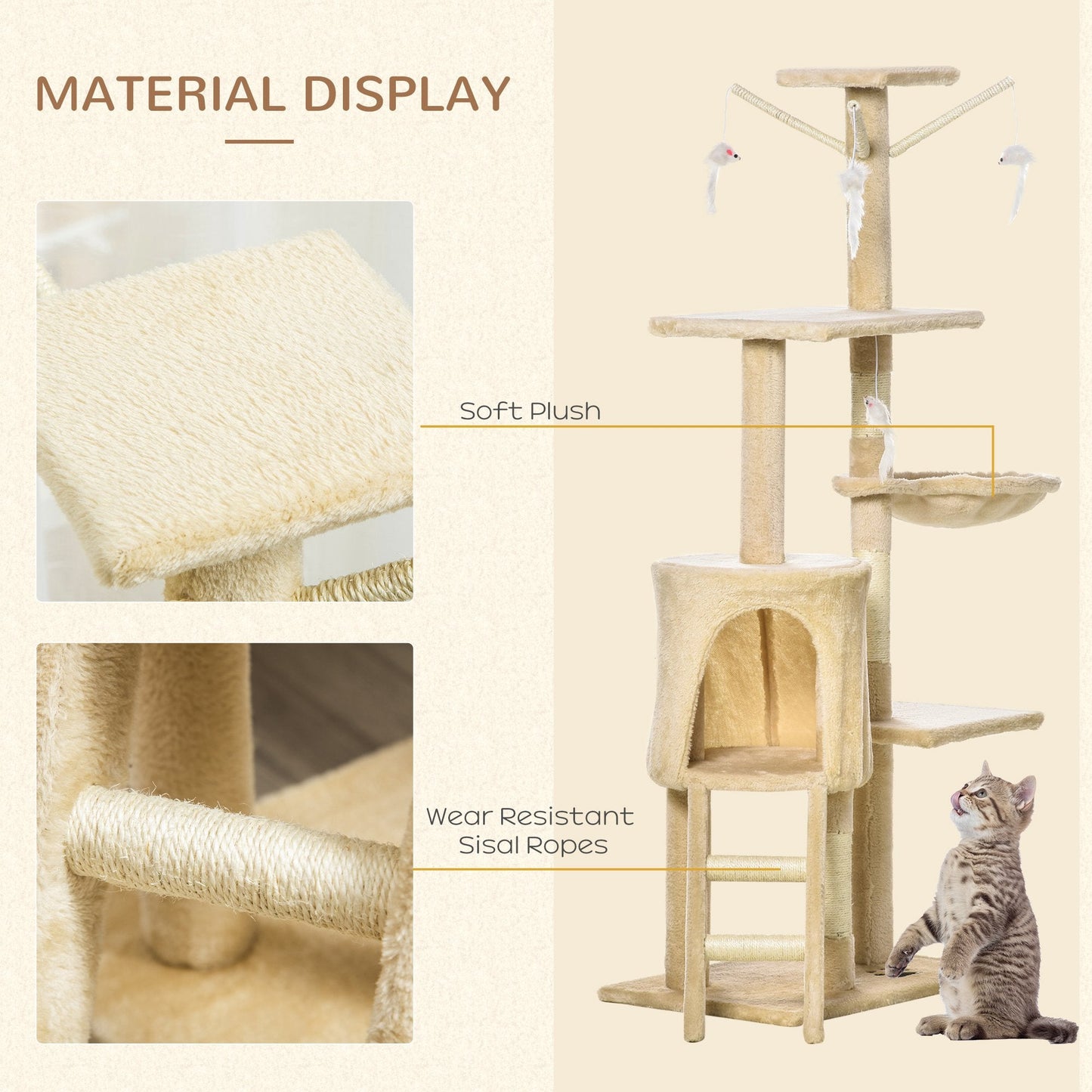 52" Multi-Level Cat Tree, Kitten Playhouse, Cat Activity Center with Scratching Post Rest Condo, Hammock Beige Cat Towers   at Gallery Canada