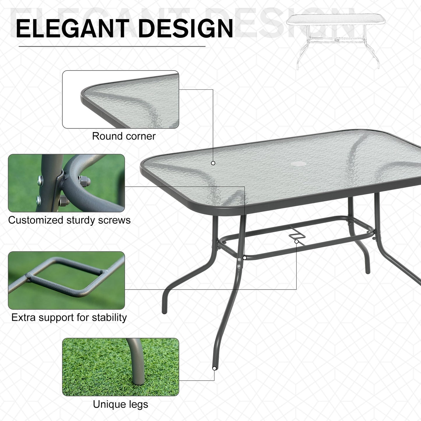 Metal Garden Dining Tables Outdoor Patio w/ Tempered Glass Top, Umbrella Hole, 47.25" x 31.5" Patio Dinning Tables   at Gallery Canada