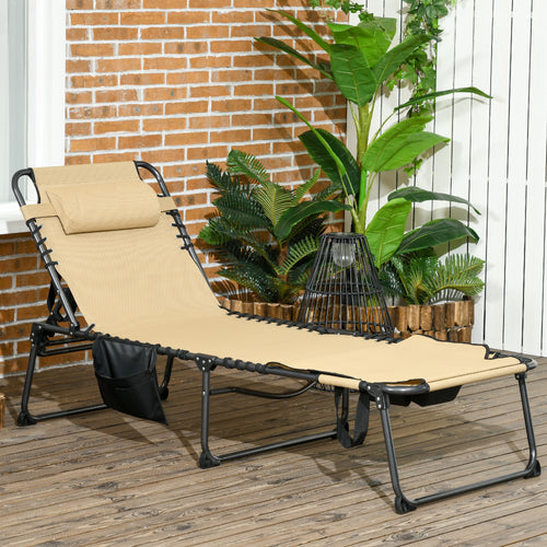 5-Level Reclining Folding Chaise Lounge with Reading Hole and Side Pocket, Beige