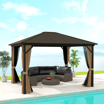 10' x 12' Deluxe Hardtop Gazebo with Metal Roof, Aluminum Frame Patio Gazebo Garden Sun Shelter Outdoor Pavilion with Curtains and Netting, Coffee Gazebos Multi Colour at Gallery Canada