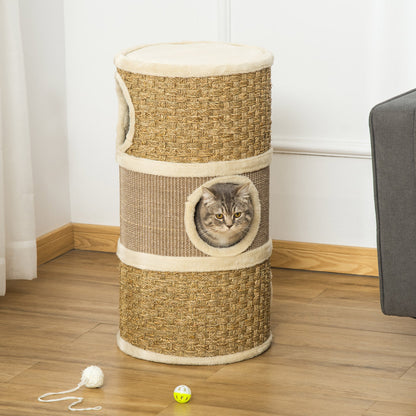 Cat Condo 3 Story Three Holes with Sisal Seaweed Scratching Cover Surface, Cat Tower for Indoor Cats, 15" x 28", Khaki and Brown Cat Towers   at Gallery Canada