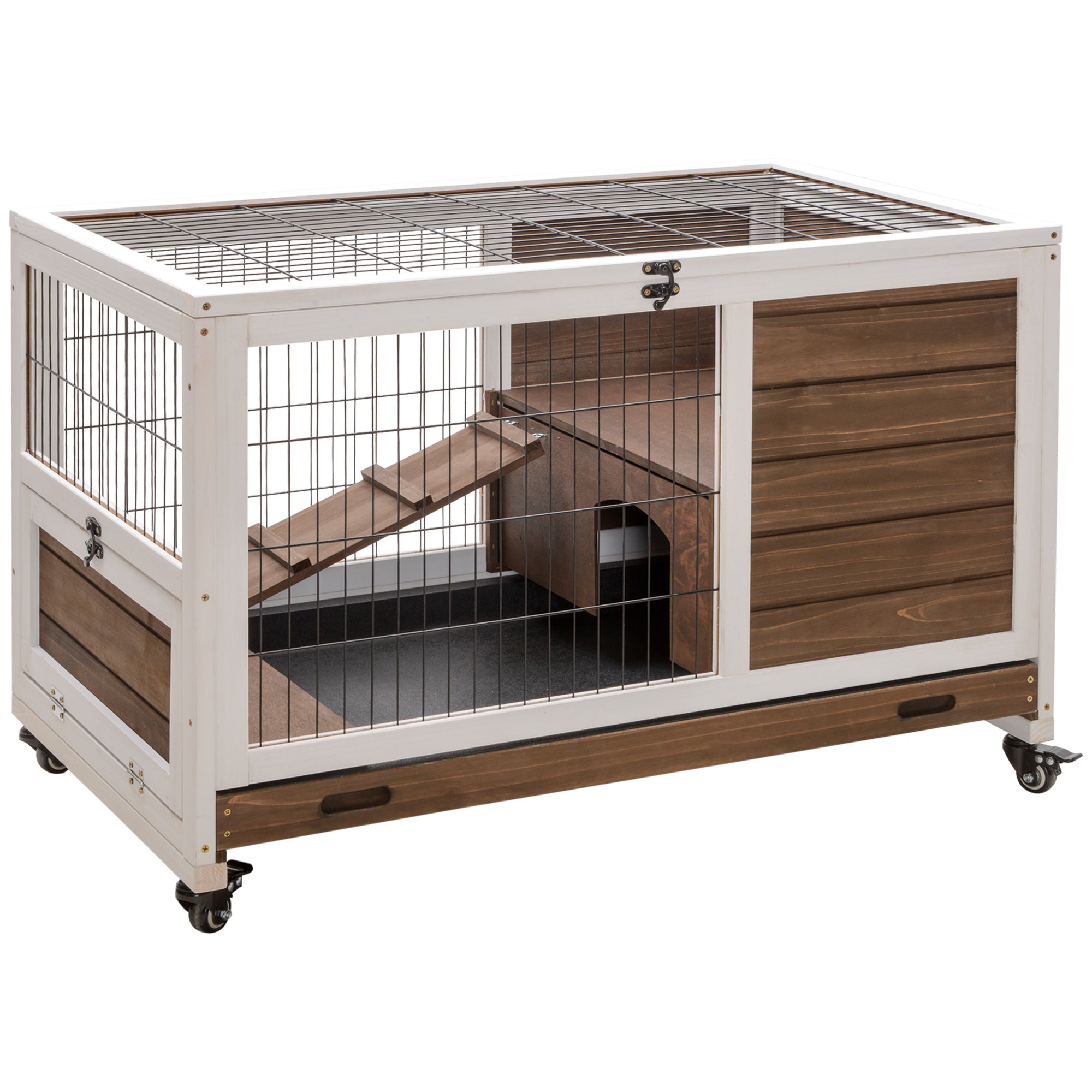 Wooden Indoor Rabbit Hutch Elevated Bunny Cage Habitat with Enclosed Run with Wheels, Ideal for Rabbits and Guinea Pigs, Brown Rabbit Hutch Brown  at Gallery Canada