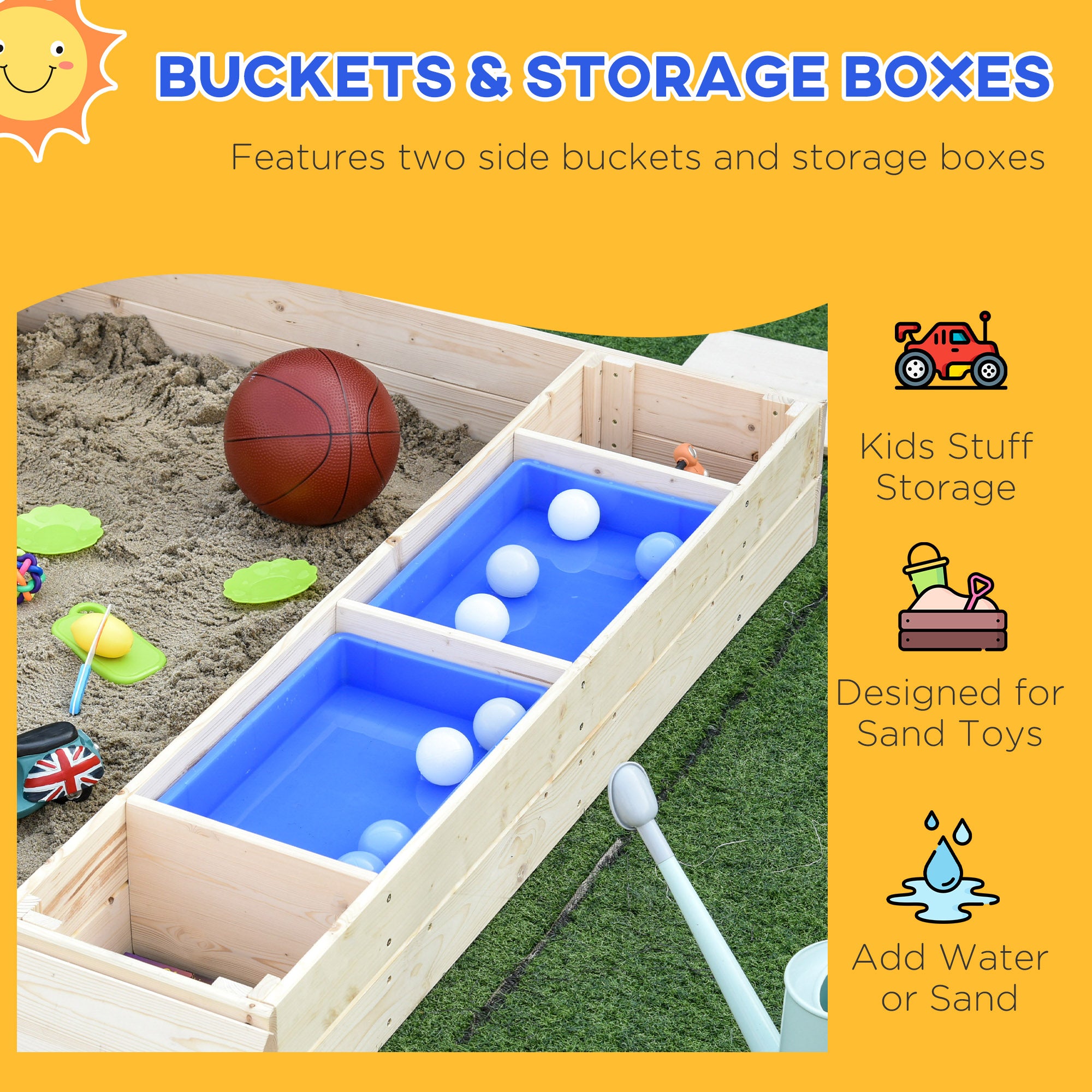 Wooden Kids Sandbox with Foldable Bench Seat, 2 Plastic Boxes, Bottom Liner, Storage Space for Garden, Backyard Sandboxes & Accessories at Gallery Canada