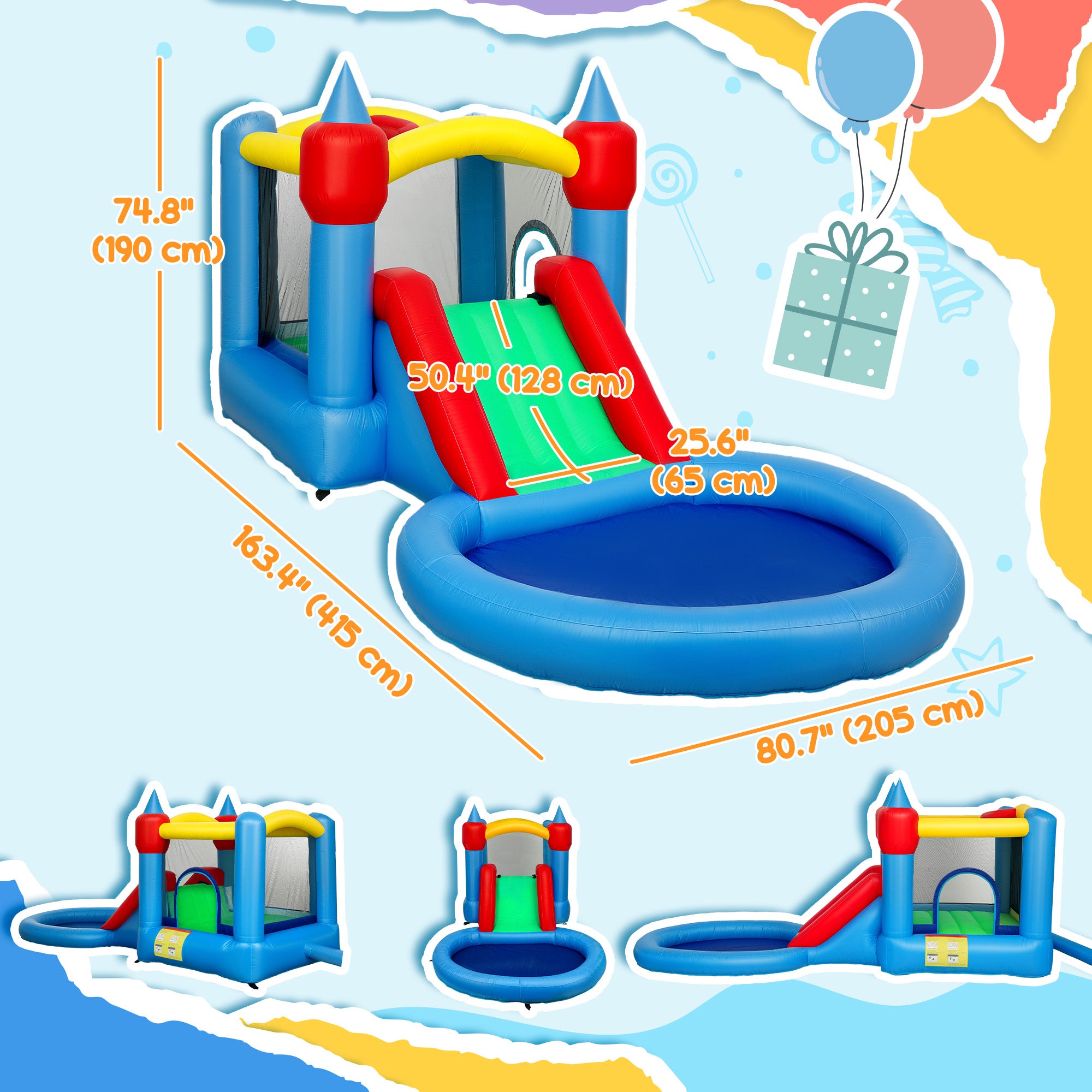 4 in 1 Inflatable Bounce House with Slide, Basketball Hoop, Ball Pit, Blower, Storage Bag, 163