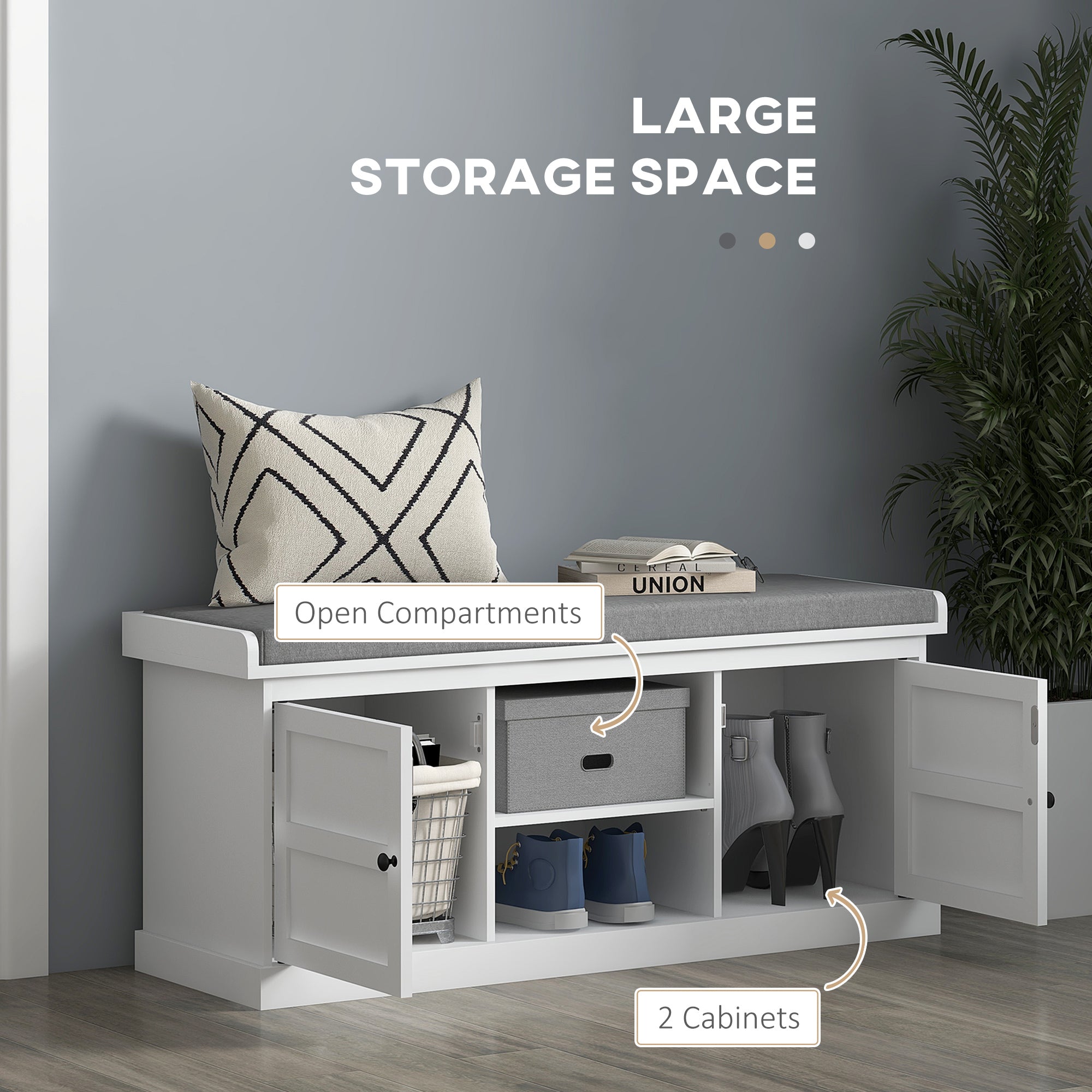 Shoe Storage Bench with Cushioned Seat, Entryway Bench Seat with 2 Cabinets and Adjustable Shelf for Hallway, White Shoe Storage Cabinets & Racks at Gallery Canada