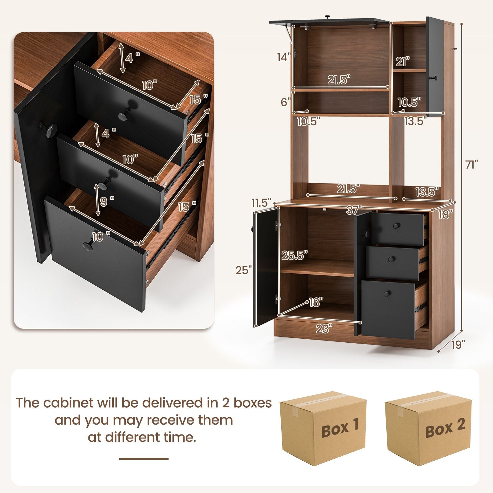 71 Inch Kitchen Pantry with 3 Storage Cabinet and 3 Deep Drawers, Walnut Sideboards Cabinets & Buffets   at Gallery Canada