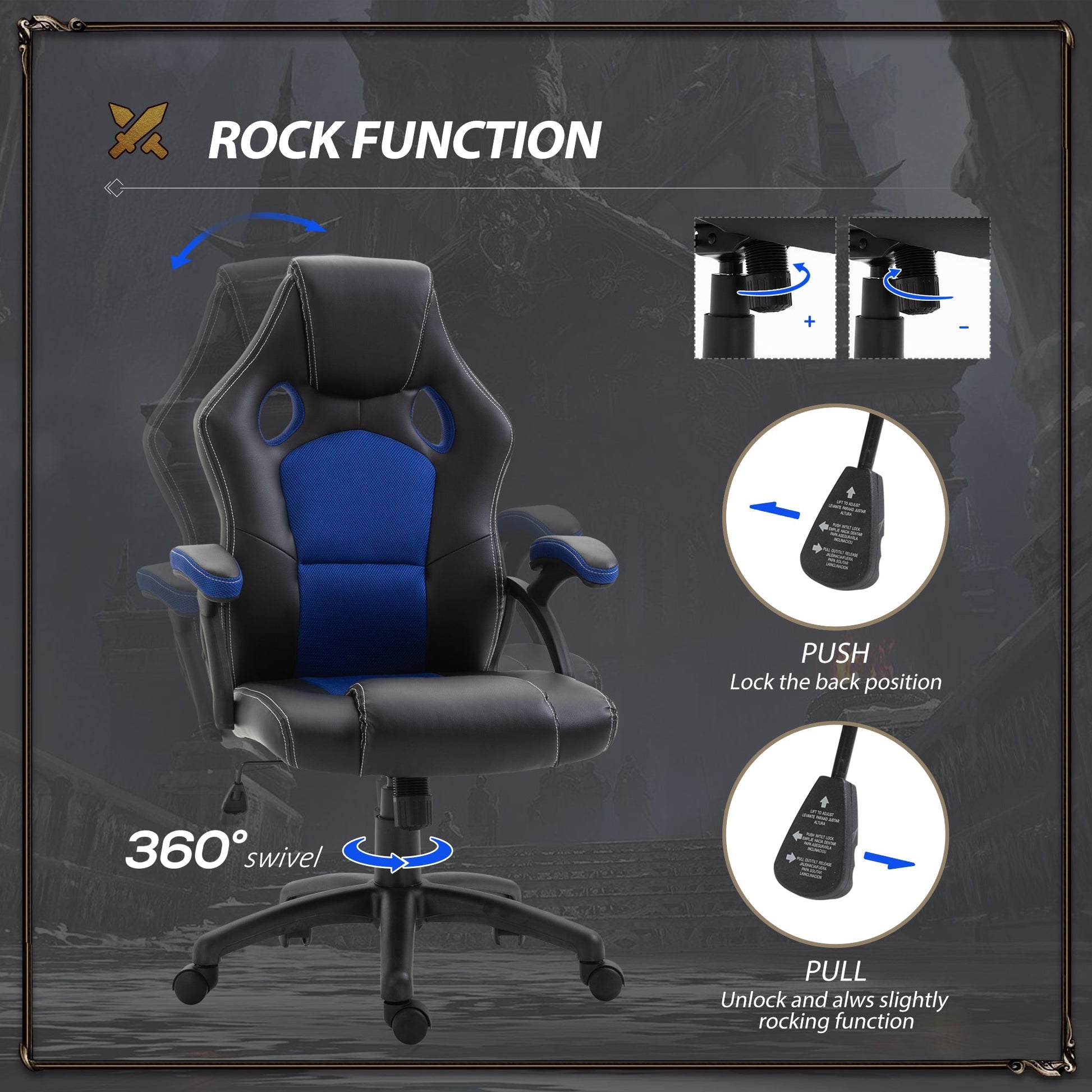 PU Leather Gaming Chair High Back Office Chair with Adjustable Height, Computer Gamer Chair, Blue Video Game Chairs   at Gallery Canada