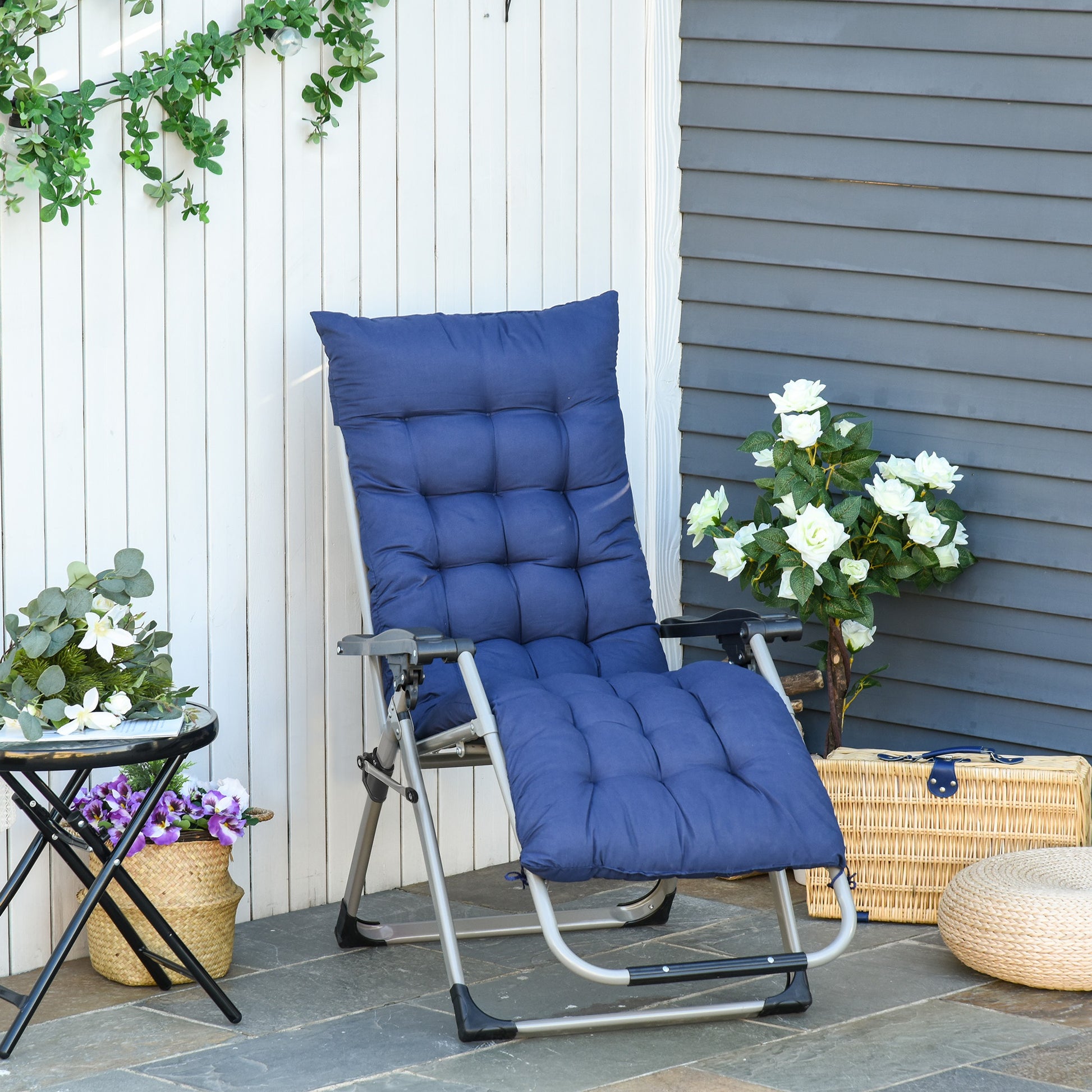 Reclining Zero Gravity Chair with Adjustable Backrest, Folding Garden Sun Lounger with Removable Cushion and Headrest, Dark Blue Lounger Chairs Dark Blue  at Gallery Canada