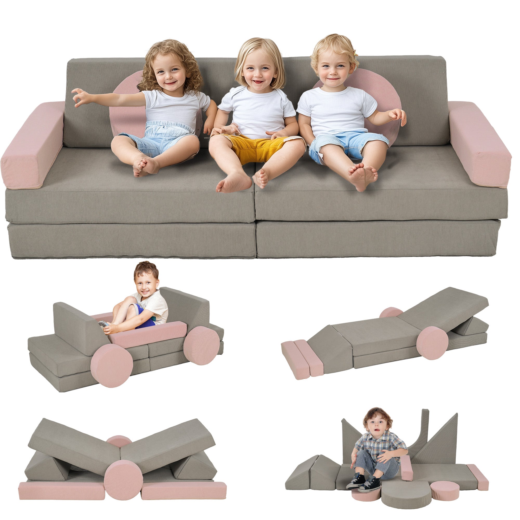 12-Piece Modular Kids Play Couch Building Fort for Playroom Bedroom, Convertible Kids Sofa, Grey Kids Chairs & Seating   at Gallery Canada