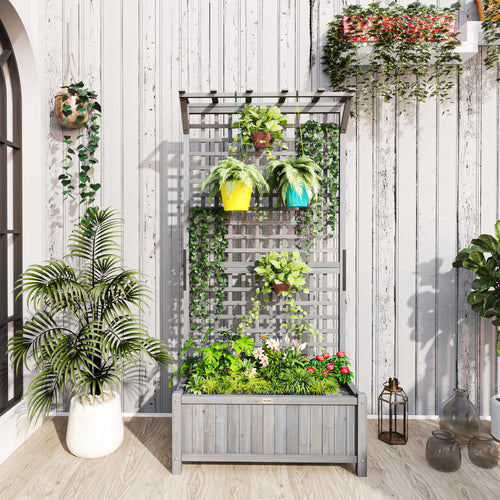 Wood Planter with Trellis for Vine Climbing, Raised Garden Bed, Privacy Screen for Backyard, Patio, Deck, Dark Grey
