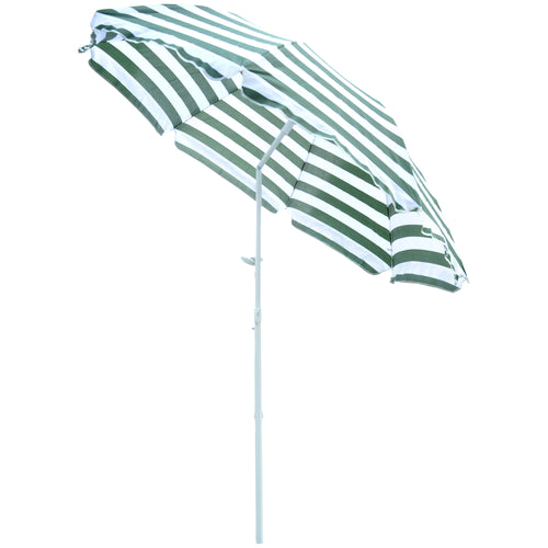 6FT Round Beach Umbrella with Tilt Mechanism, Outdoor UV Protection Sun Shaded Canopy with Push Button, Striped Green