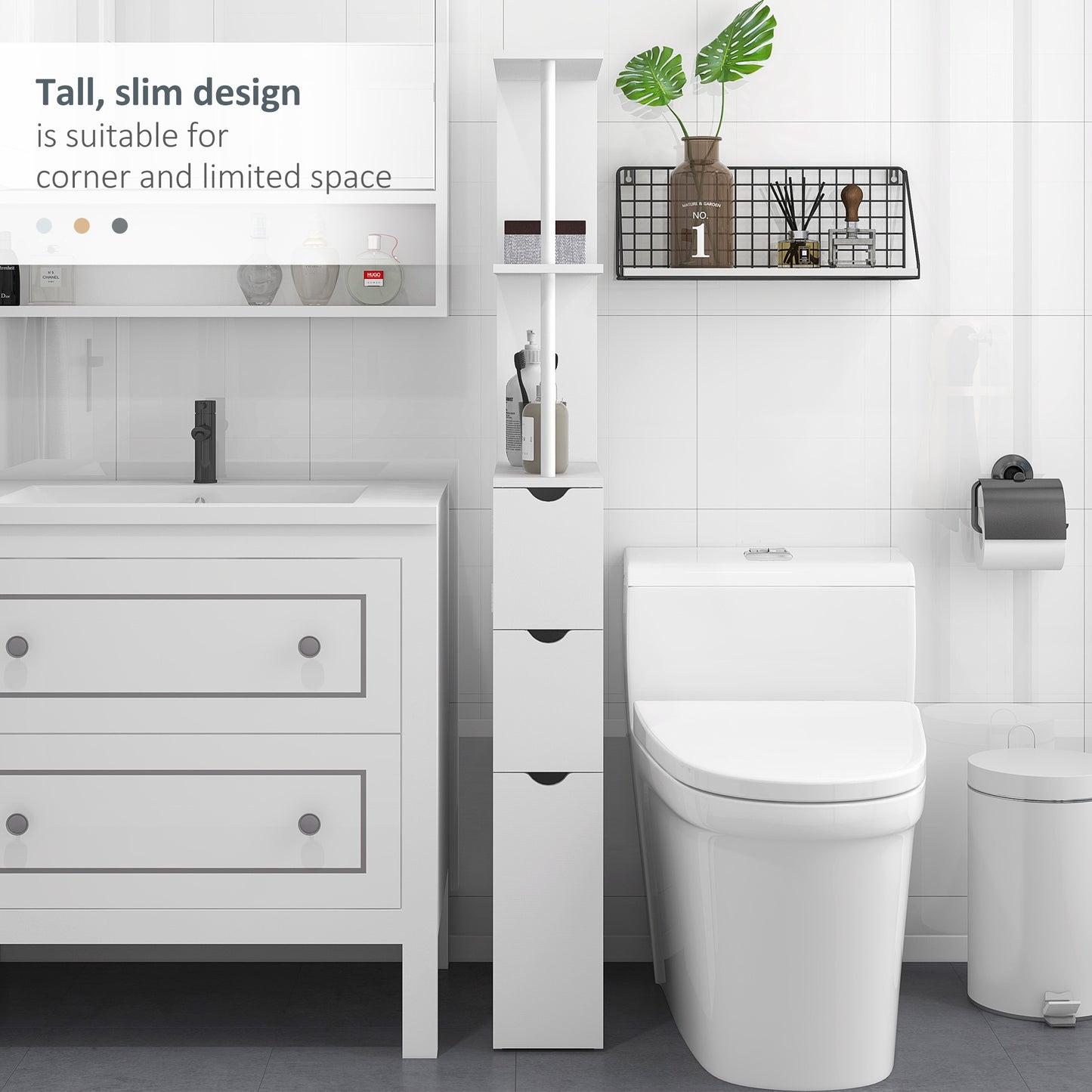 Tall Bathroom Storage Cabinet, Narrow Bathroom Cabinet with Drawers and Open Shelves for Small Spaces, White Bathroom Cabinets   at Gallery Canada