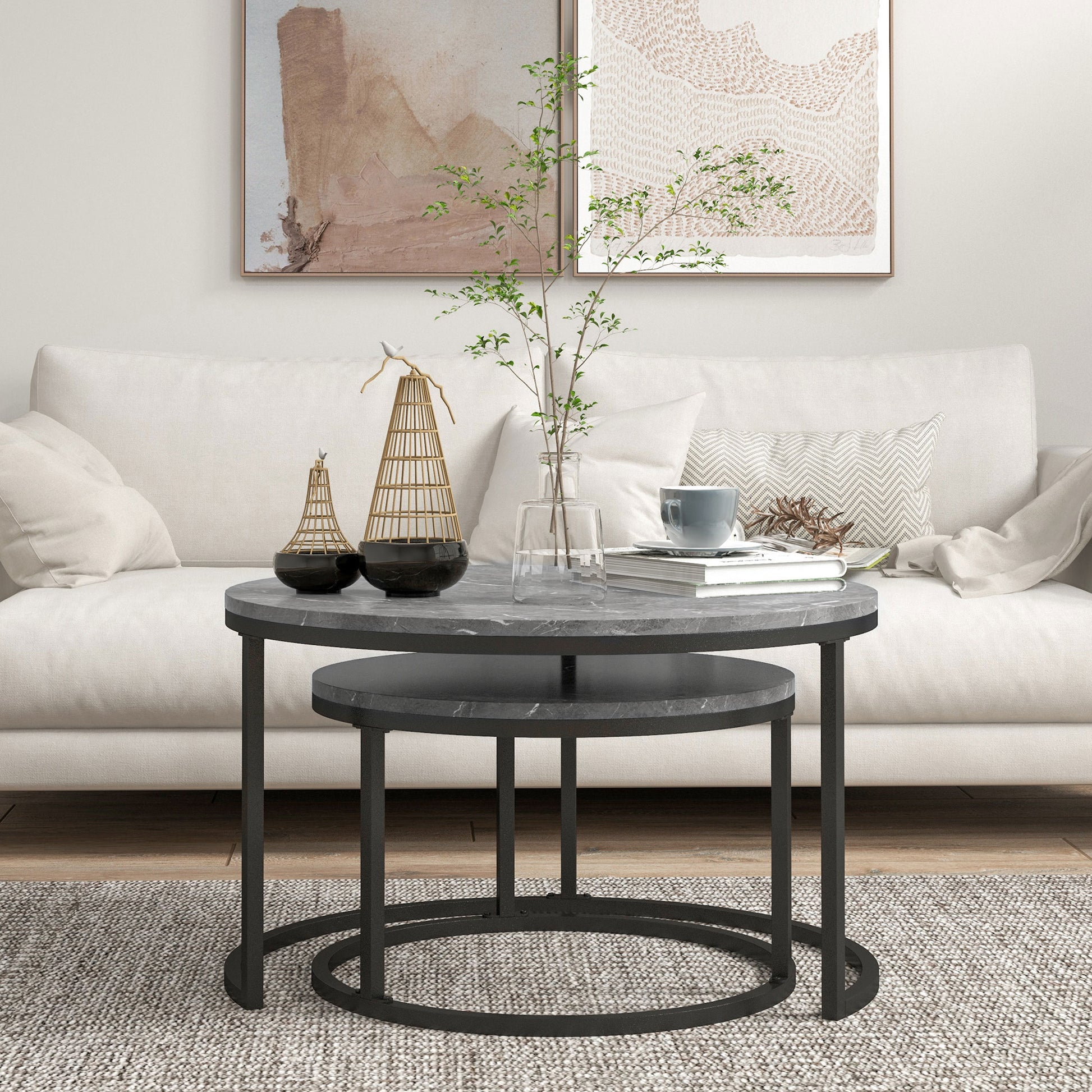 Modern Coffee Table Set of 2, Nesting Side Tables w/ Metal Base for Living Room Bedroom Office Faux Marbled Grey Coffee Tables   at Gallery Canada