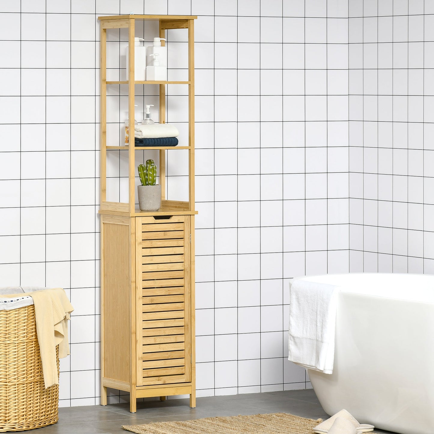 Bathroom Floor Cabinet with 3 Shelves and Cupboard, Slim and Freestanding Linen Tower with Storage, Natural Bathroom Cabinets   at Gallery Canada