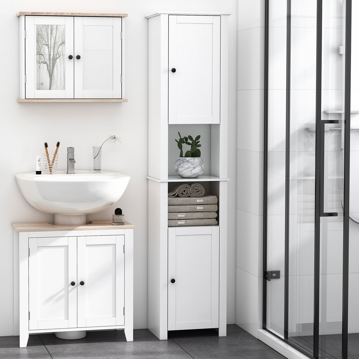 Tall Bathroom Cabinet, Freestanding Linen Cabinet with Open Shelves and 2 Cupboards, Narrow Storage Cabinet, White Bathroom Cabinets   at Gallery Canada