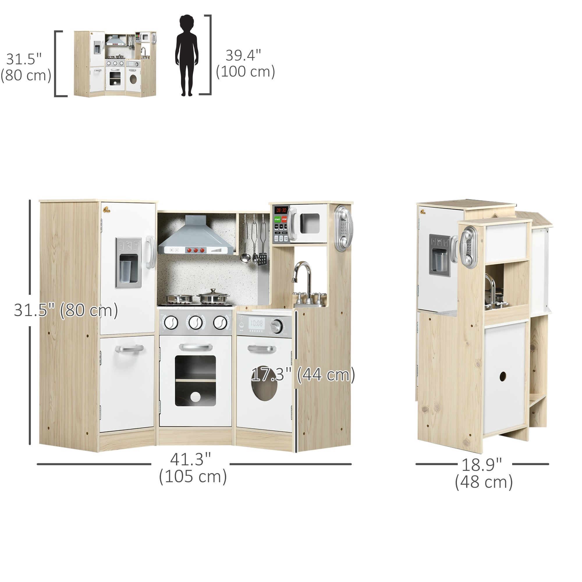 Wooden Play Kitchen with Lights Sounds, Corner Kids Kitchen Playset with Play Phone, Ice Maker, Microwave, Range Hood, Refrigerator, Utensils, Gift for Ages 3-6 Years Old, White Play Kitchen at Gallery Canada