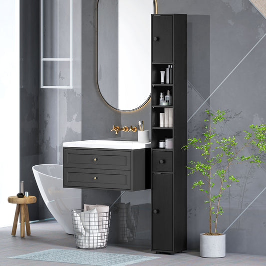 71" Tall Bathroom Cabinet, Narrow Toilet Paper Cabinet with Open Shelves, 2 Door Cabinets, Adjustable Shelves, Black Bathroom Cabinets   at Gallery Canada