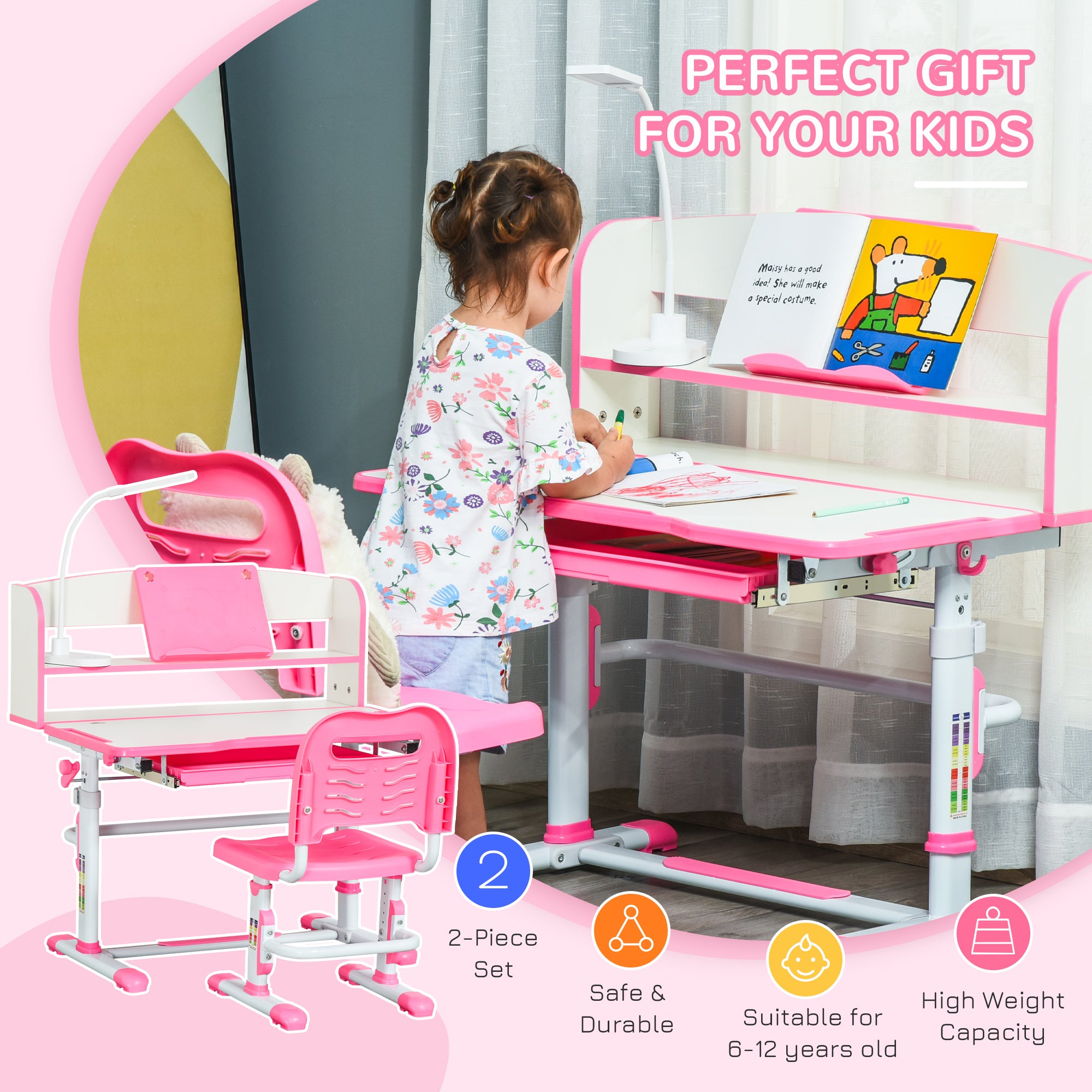 Kids Desk and Chair Set Height Adjustable Student Writing Desk Children School Study Table with LED Lamp, Bookshelf, Drawer, Reading Board, Pen Slot, Hook, Pink Kids Desk Sets at Gallery Canada