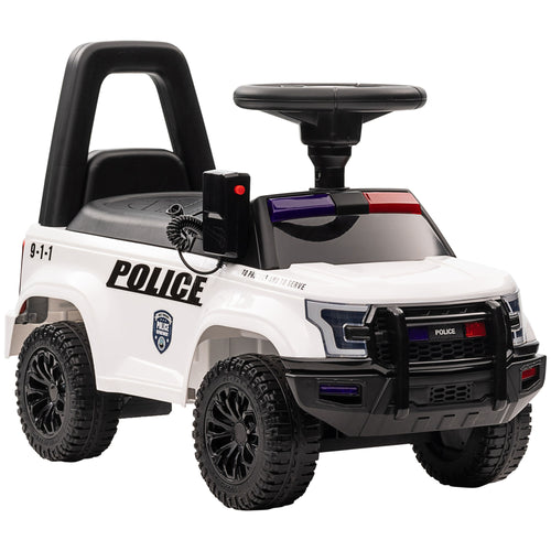 Kids Ride On Sliding Car with Hidden Under Seat Storage, Ride On Police Car for Toddler with Megaphone, Anti Dumping Device, Removable Backrest, Foot-to-Floor Design, White