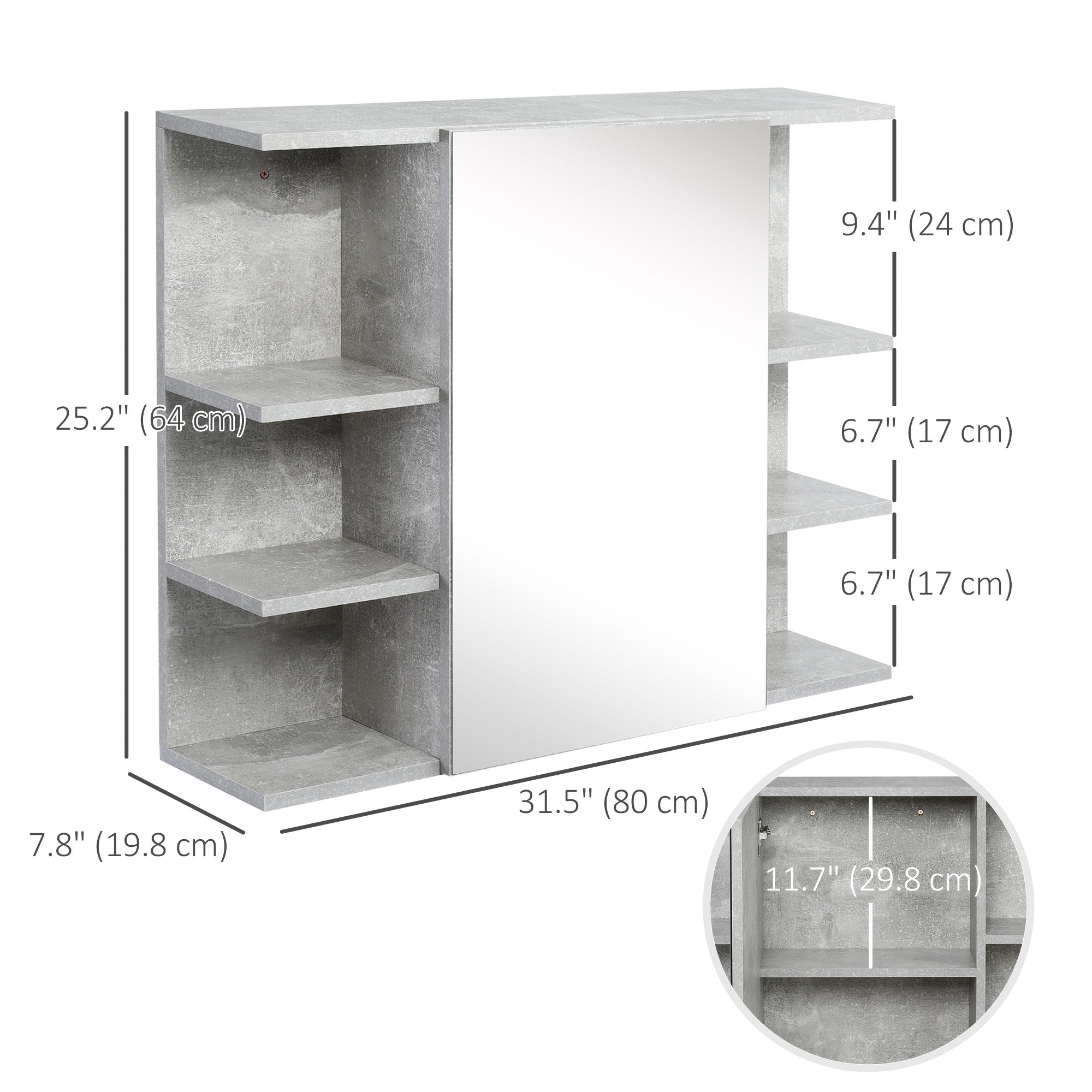Medicine Cabinet with Mirror, Cement-Like Contemporary Bathroom Wall Cabinet with 6 Open Shelves, Grey Mirror Medicine Cabinets at Gallery Canada