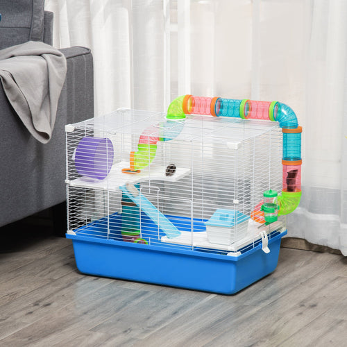 3-Tier Large Toy-Filled Steel Small Animal Cage, Includes Exercise Wheel, Water Bottle, Food Dish, Blue