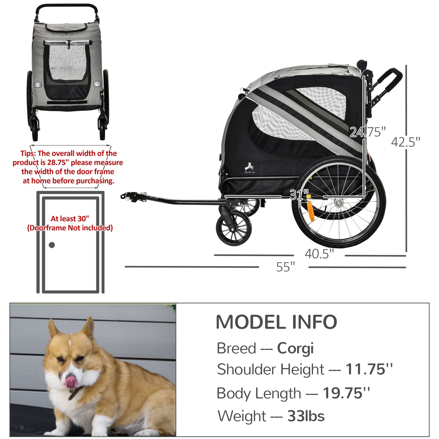 Dog Bike Trailer, 2-in-1 Dog Wagon Pet Stroller for Travel with Universal Wheel Reflectors Flag, for Small and Medium Dogs, Grey Dog Bike Trailers & Strollers   at Gallery Canada