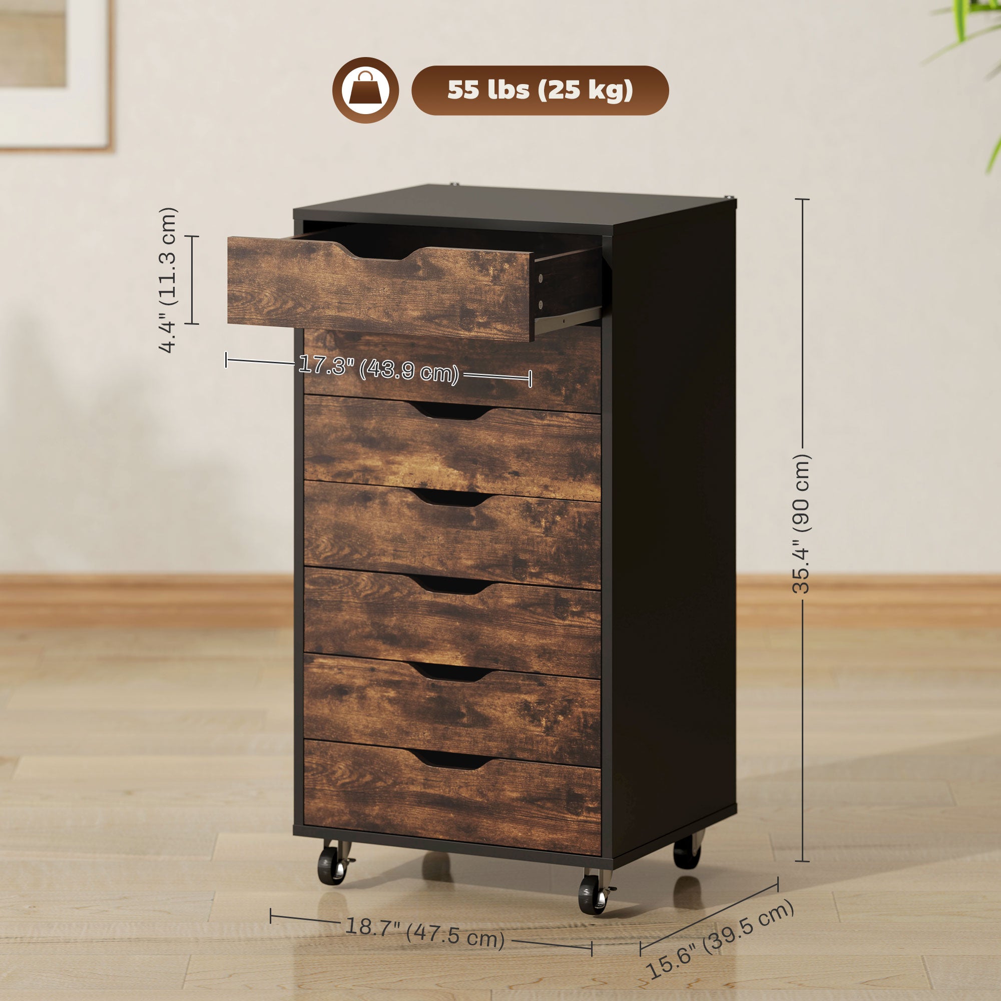 7-drawer Vertical File Cabinet for Home Office, Storage Cabinet with Wheels, 18.7