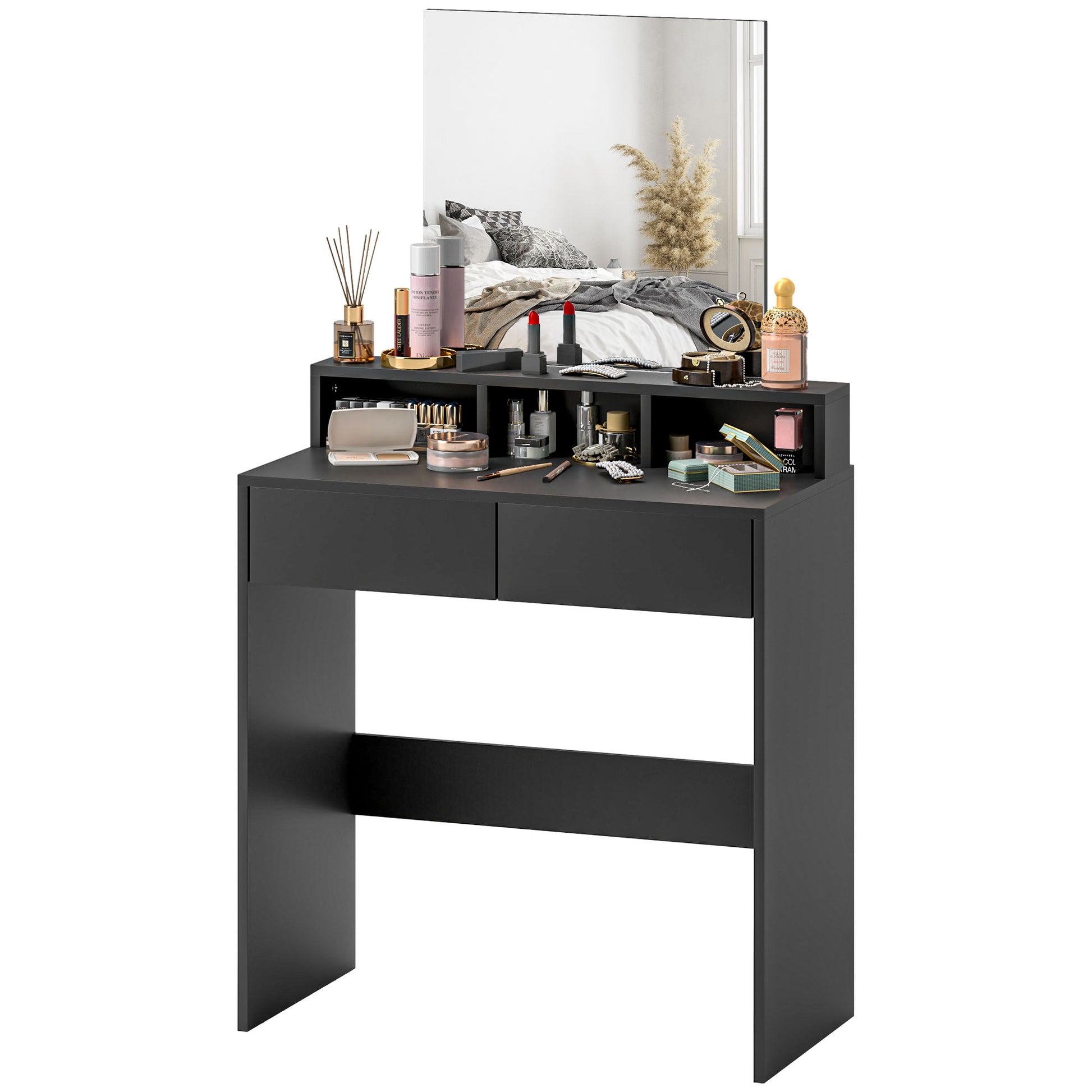 Makeup Vanity Desk with Mirror, for Bedroom, Modern Dressing Table with Drawers, Compartments, Black Dressing & Vanity Tables   at Gallery Canada