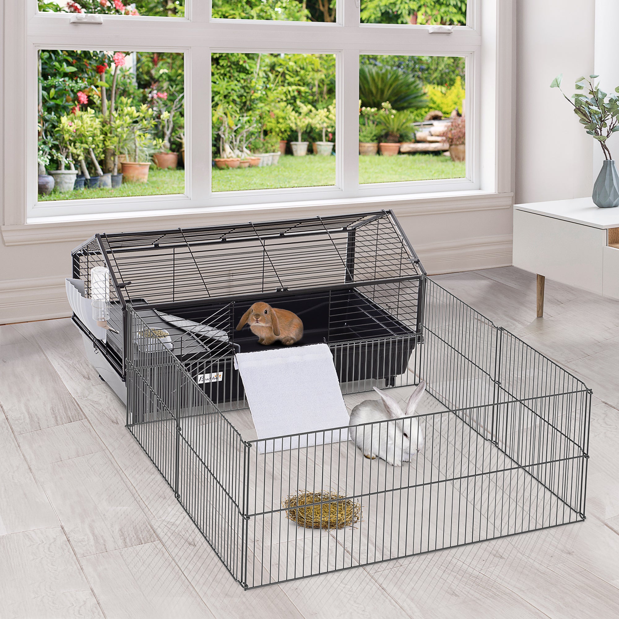 Metal Small Animal Cage, Rabbit Cage for Guinea Pig Chinchilla Hedgehog Bunny with Removable Wheels and Foldable Detachable Run Fence, 34.6
