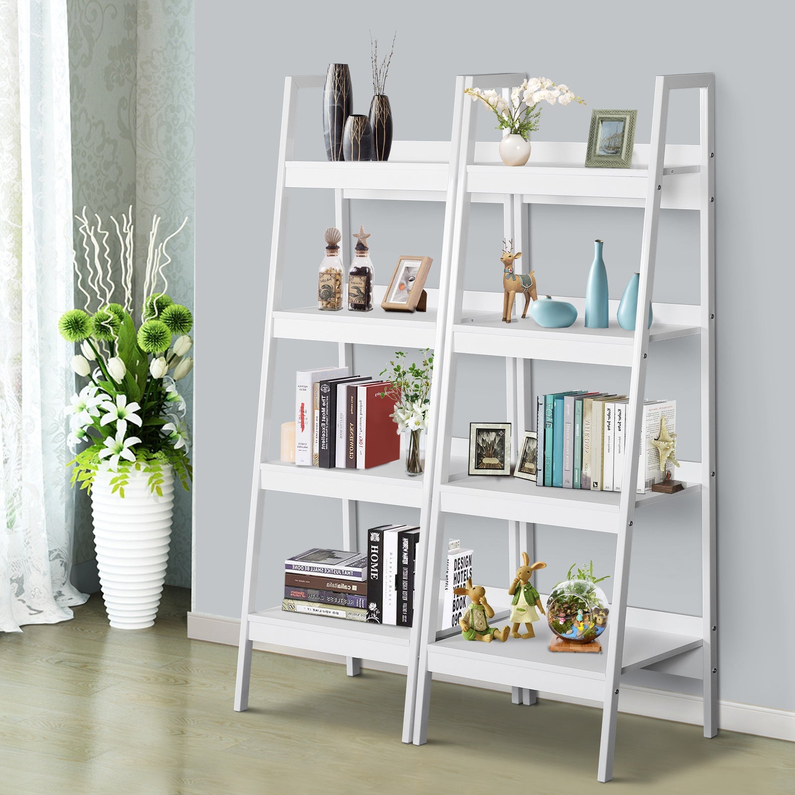 Set of 2, 4 Tier Ladder Shelf Bookcase, Multi-Use Display Rack, Storage Shelving Unit Display Stand, Flower Plant Stand, Home Office Furniture, White Display Bookshelves   at Gallery Canada