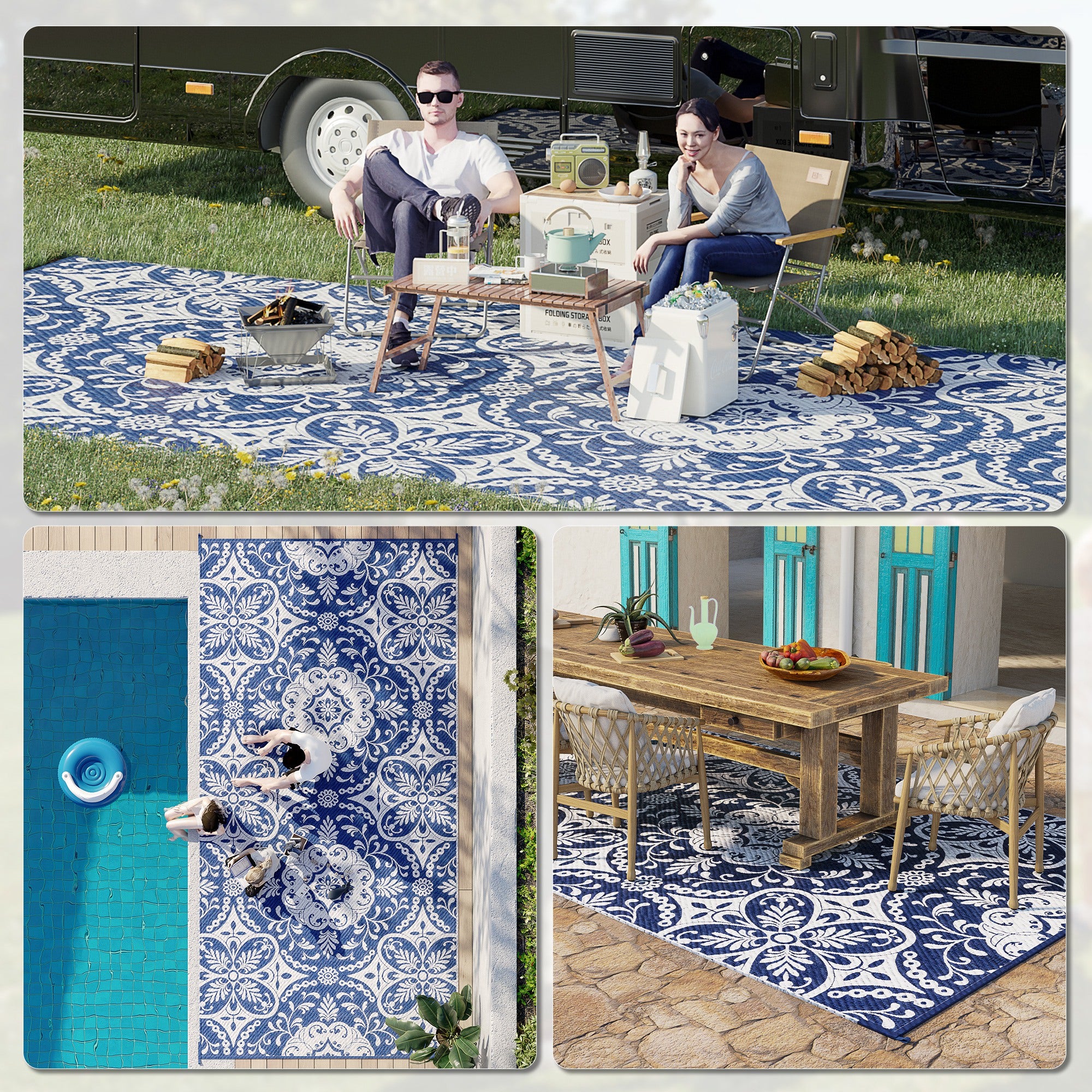 Portable Outdoor Rug with Carry Bag, 9' x 18' Reversible Mat, Waterproof Plastic Straw RV Rug for Backyard, Deck, Picnic, Beach, Camping, Blue &; White Flower Outdoor Reversible Rugs at Gallery Canada