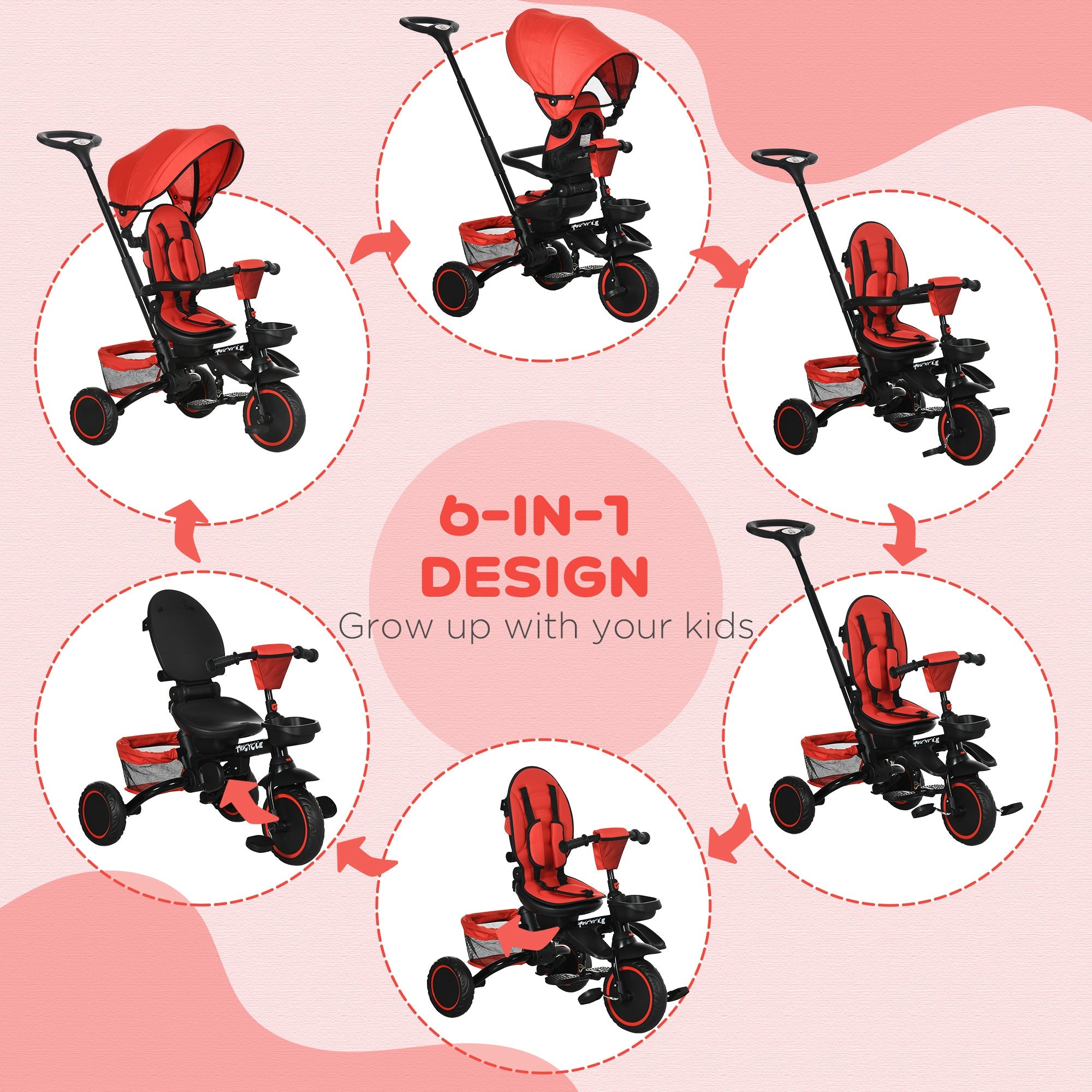 6-in-1 Toddler Tricycle for 12-50 Months, Foldable Kids Trike with Adjustable Seat and Push Handle, Safety Harness, Removable Canopy, Footrest, Red Tricycles for Kids   at Gallery Canada