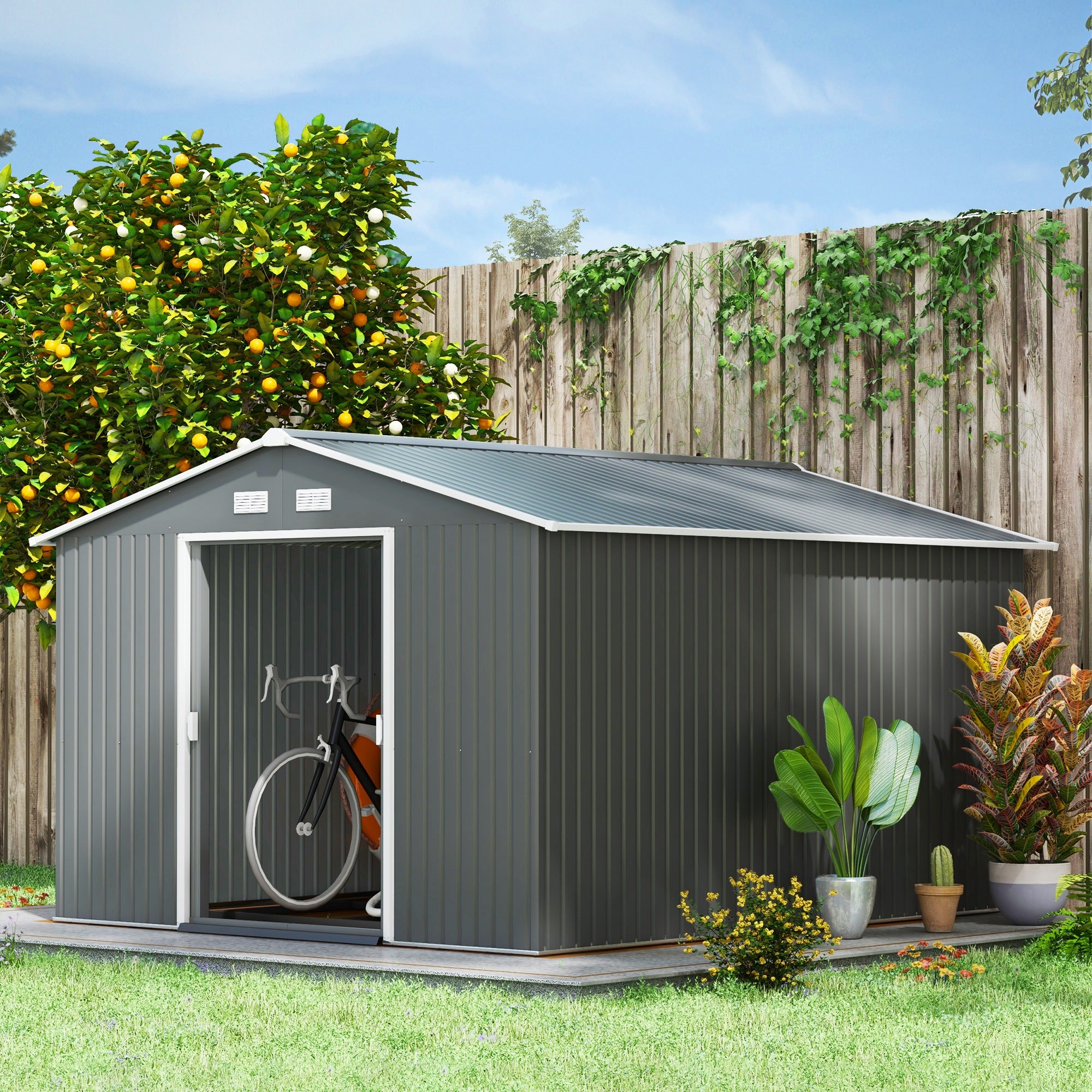 9' x 10.6' Garden Storage Shed w/ Foundation Kit Metal Tool Storage House w/ Double Doors Light Grey Sheds at Gallery Canada